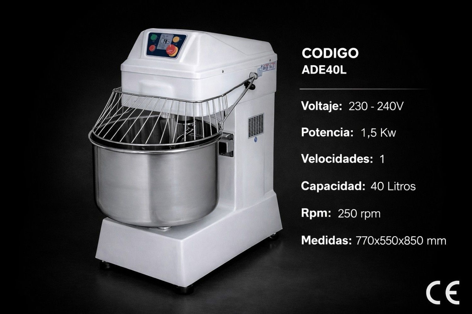 Batidora industrial blanca con recipiente de metal y texto con las especificaciones del producto sobre fondo negro.
