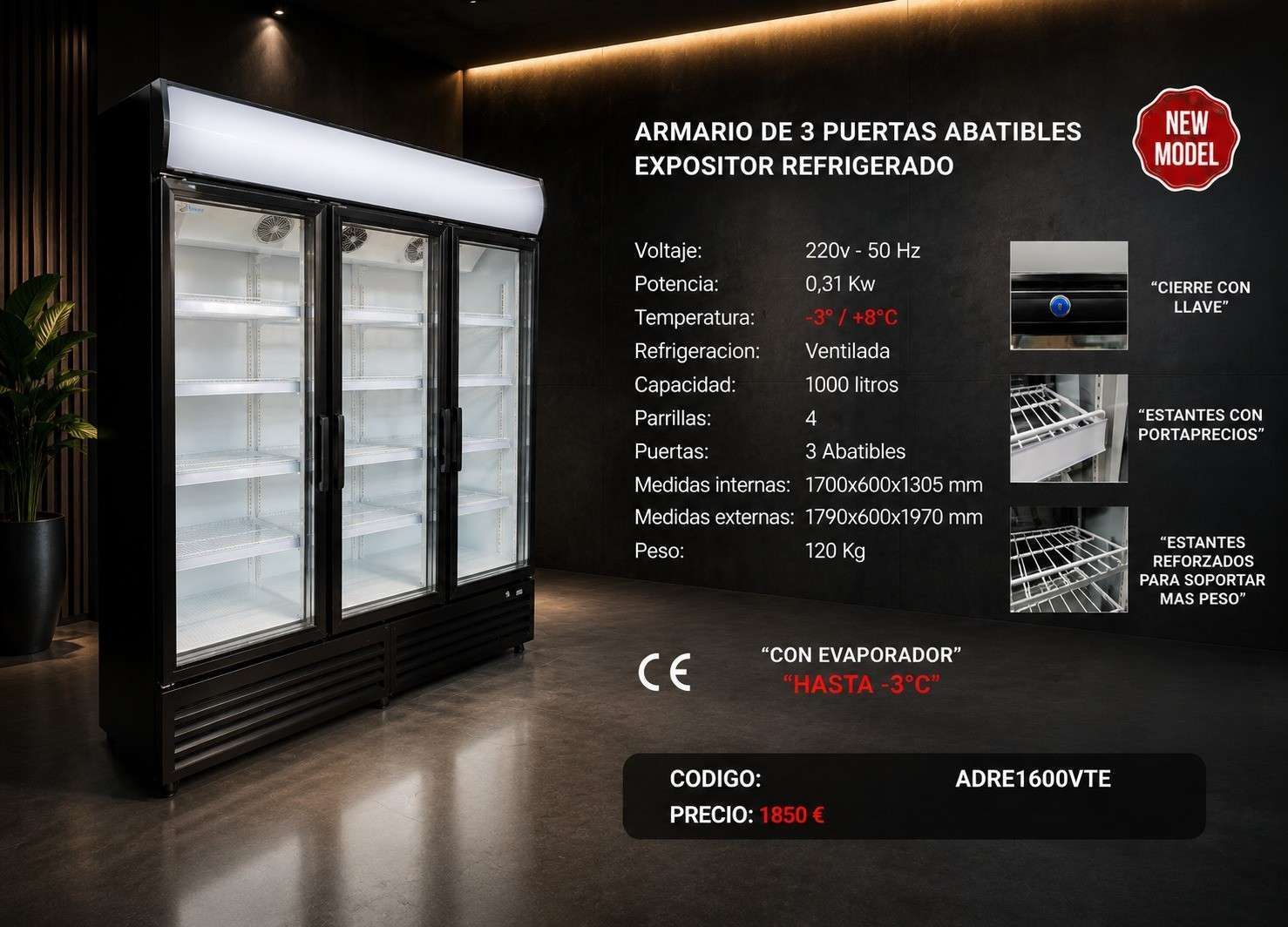 Anuncio de vitrina refrigerada con puerta de cristal negro, con especificaciones y fotos del producto sobre un fondo oscuro.