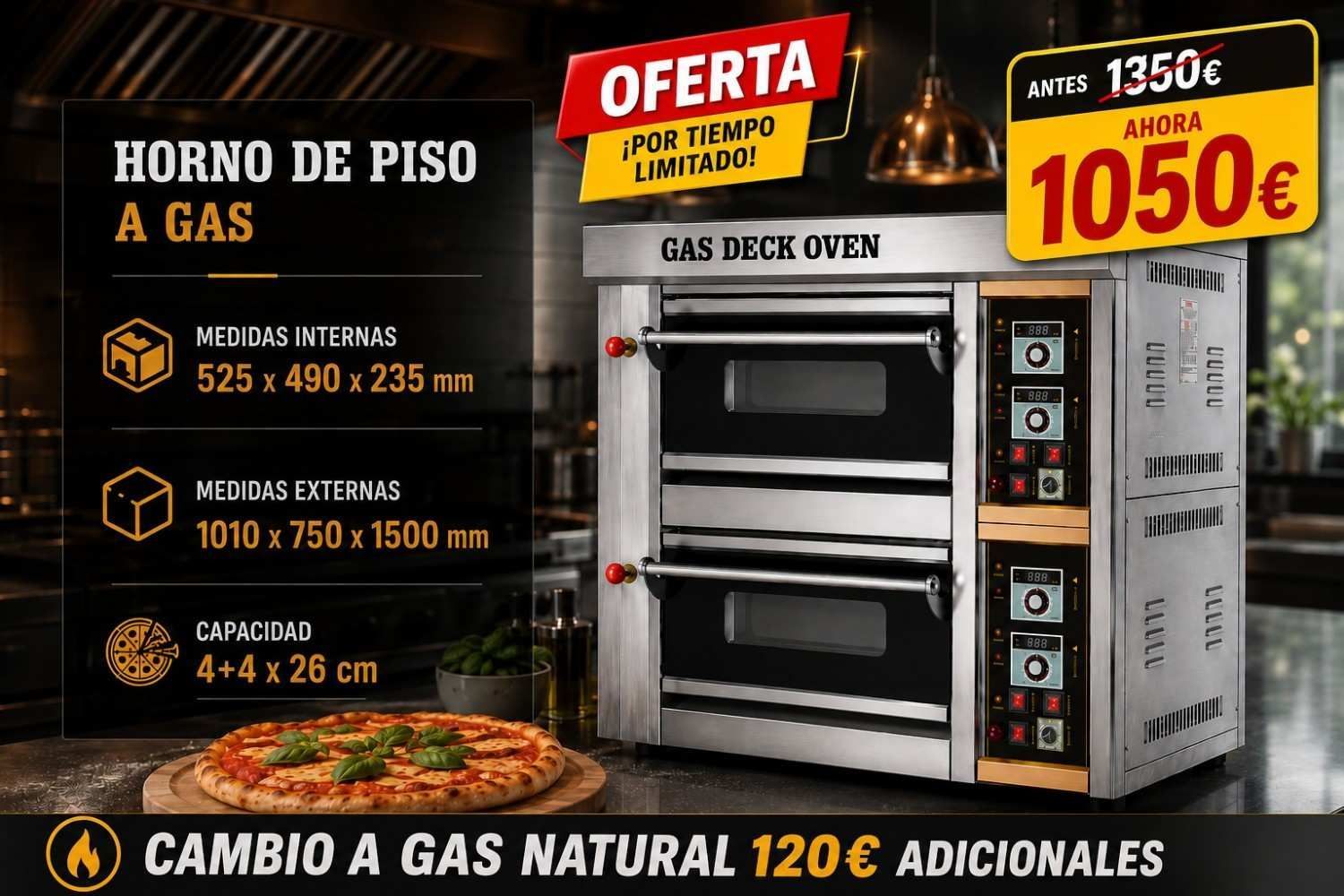Oferta de horno de piso a gas con precios, medidas y cambio a gas natural, fondo negro y naranja