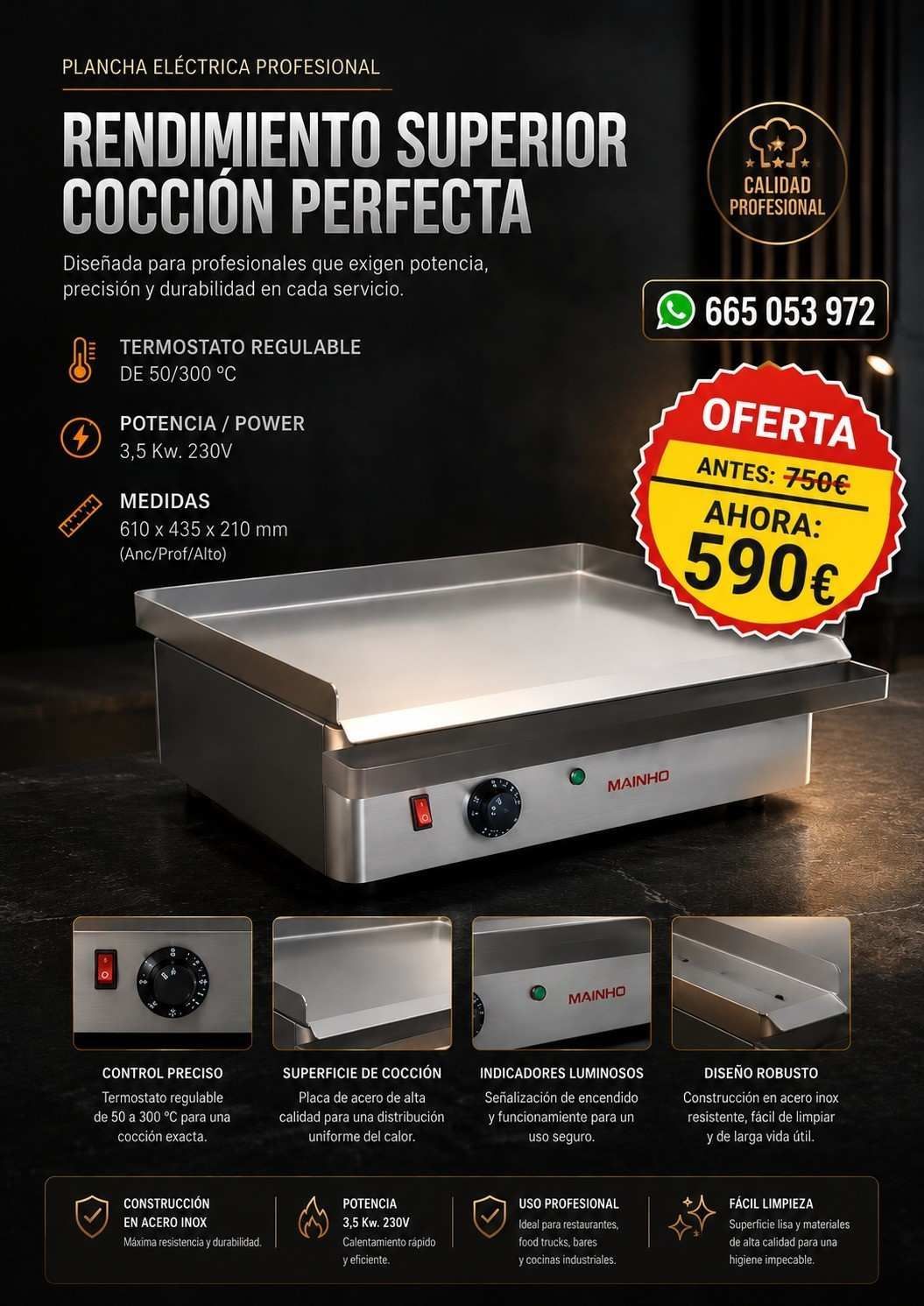Publicidad de plancha/grill comercial de acero inoxidable con texto “Rendimiento superior” y precio de oferta 590.