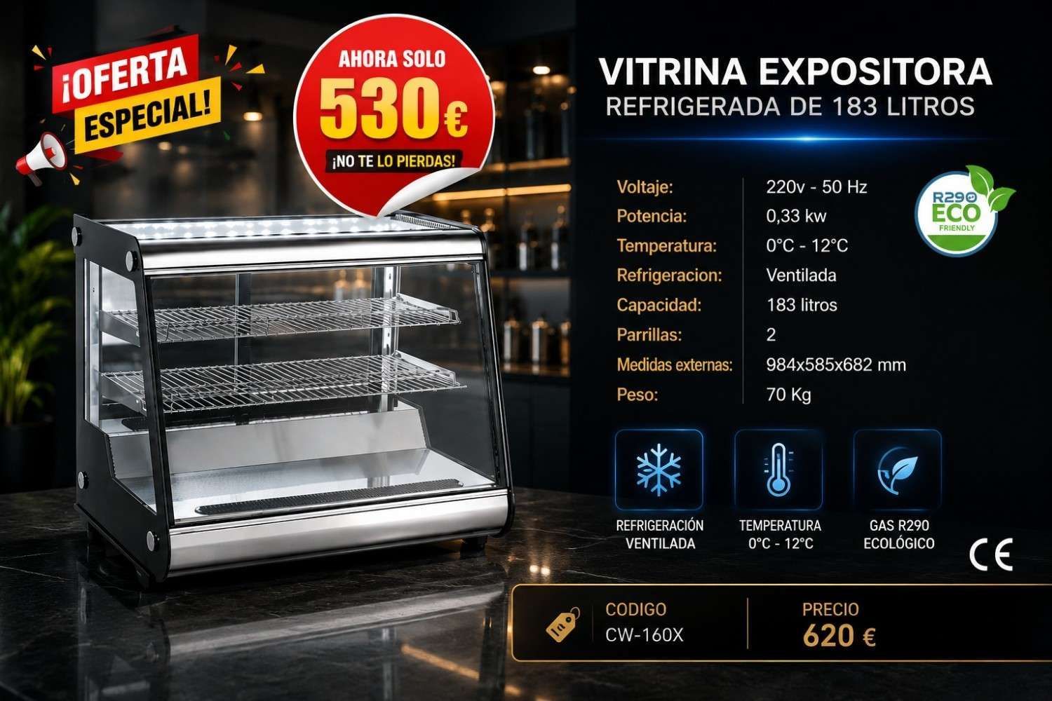 Vitrina refrigerada con una capacidad de 183 litros, fabricada en acero inoxidable y cristal