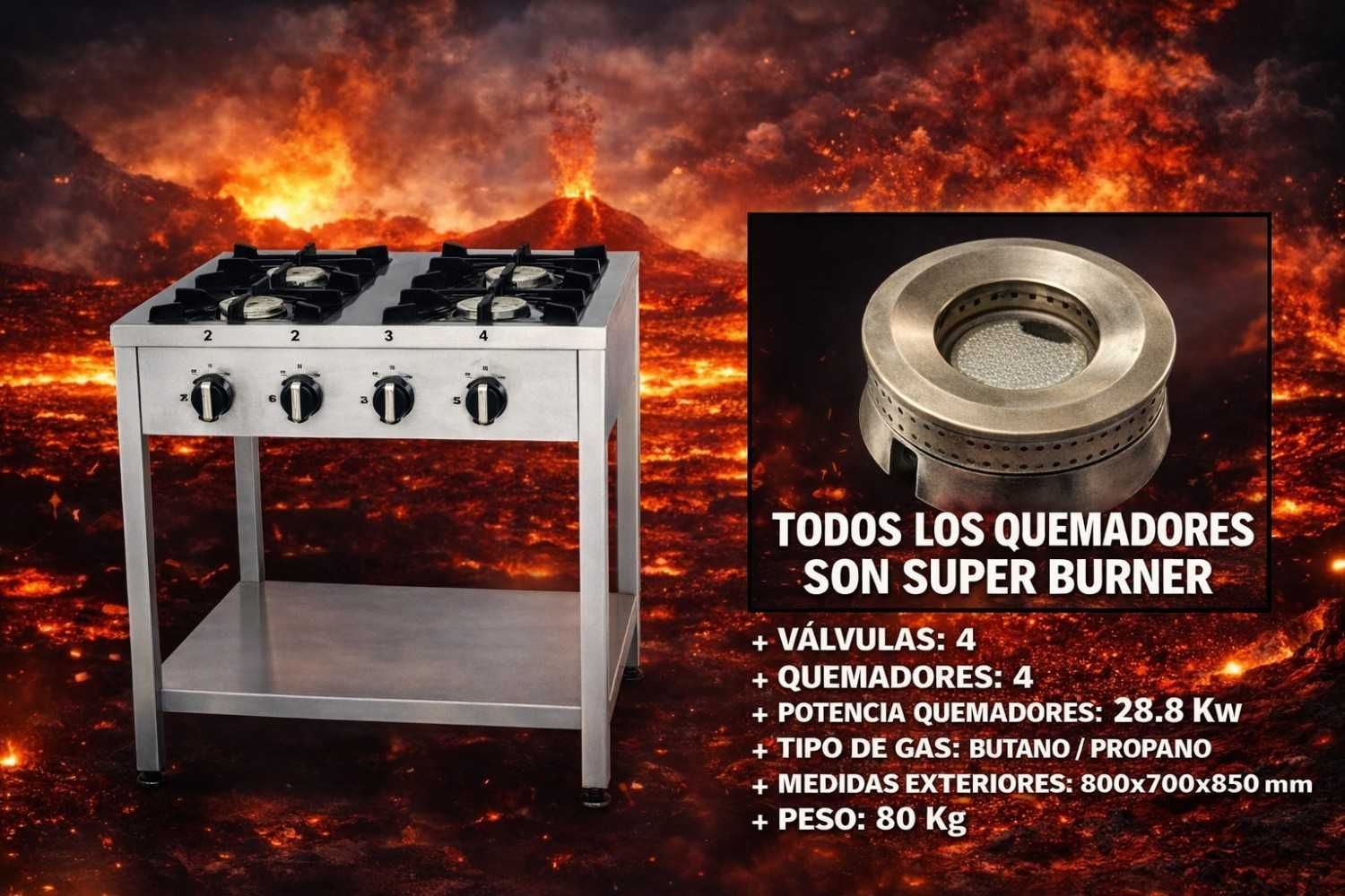 Estufa de gas y quemador sobre fondo de fuego, con texto promocional en español y especificaciones del producto.
