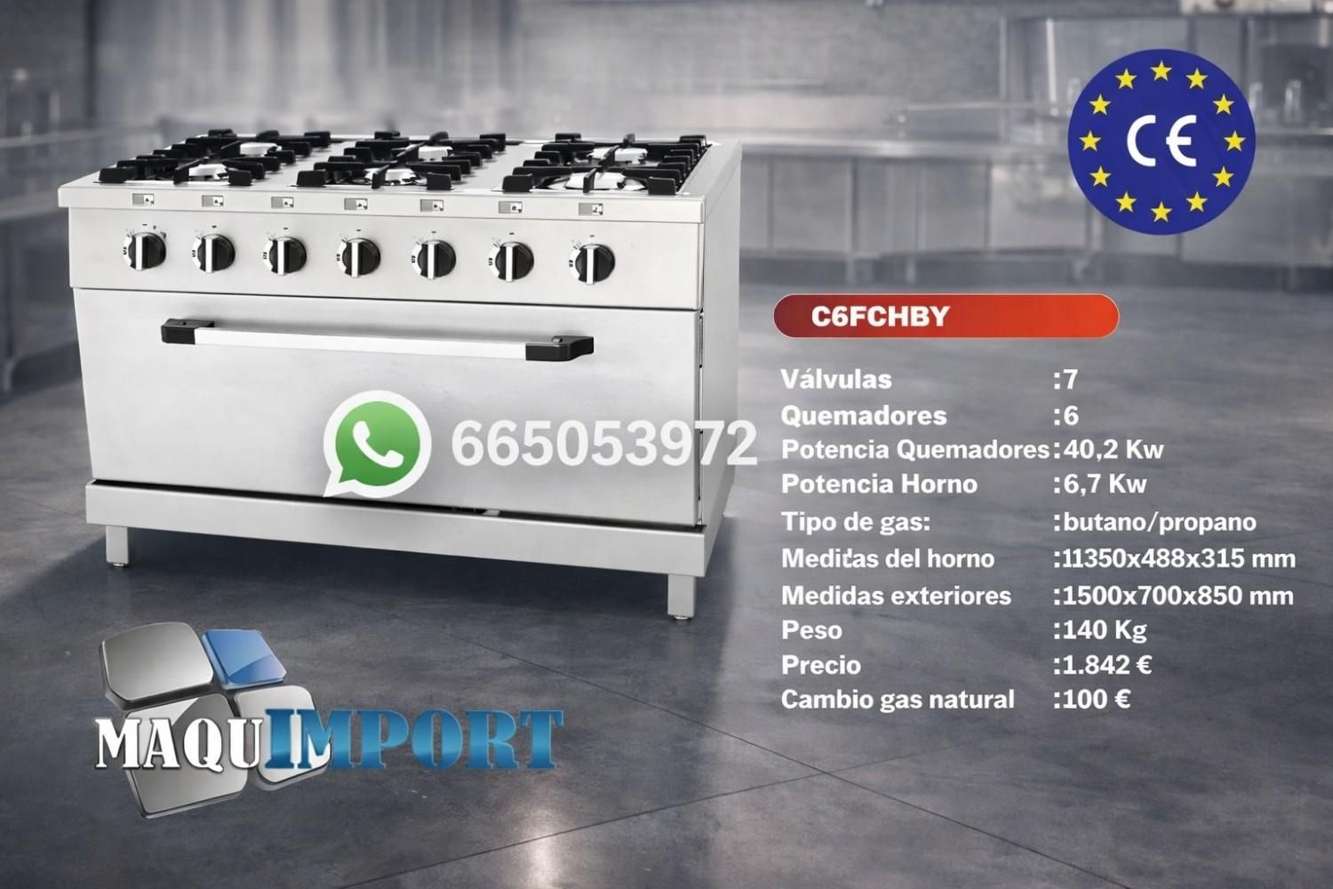 Cocina de gas comercial de acero inoxidable sobre un suelo gris con especificaciones y datos de contacto superpuestos.