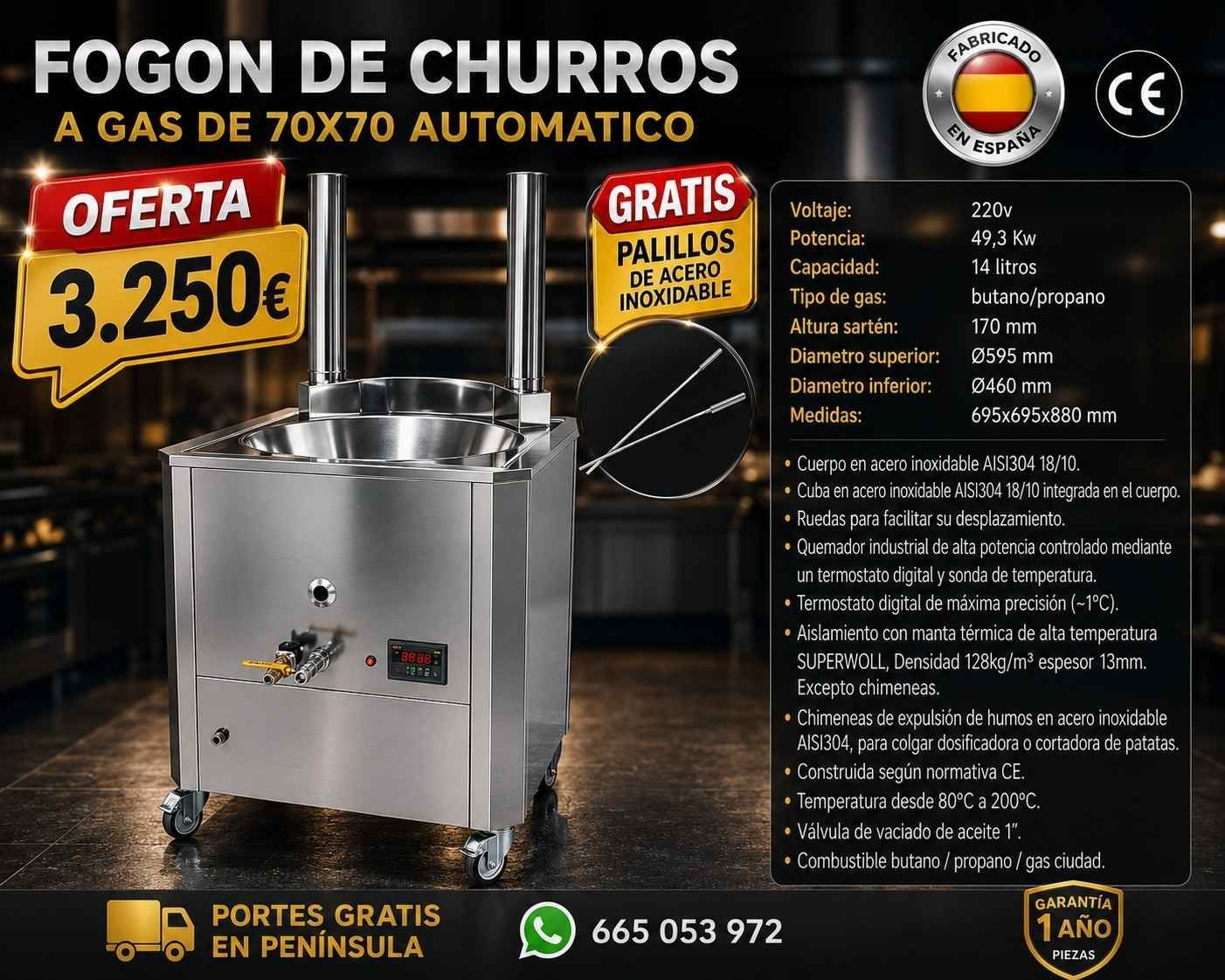 Anuncio de fogón de churros automático de acero inoxidable, con oferta de 3.250€ y envío gratis en Península.