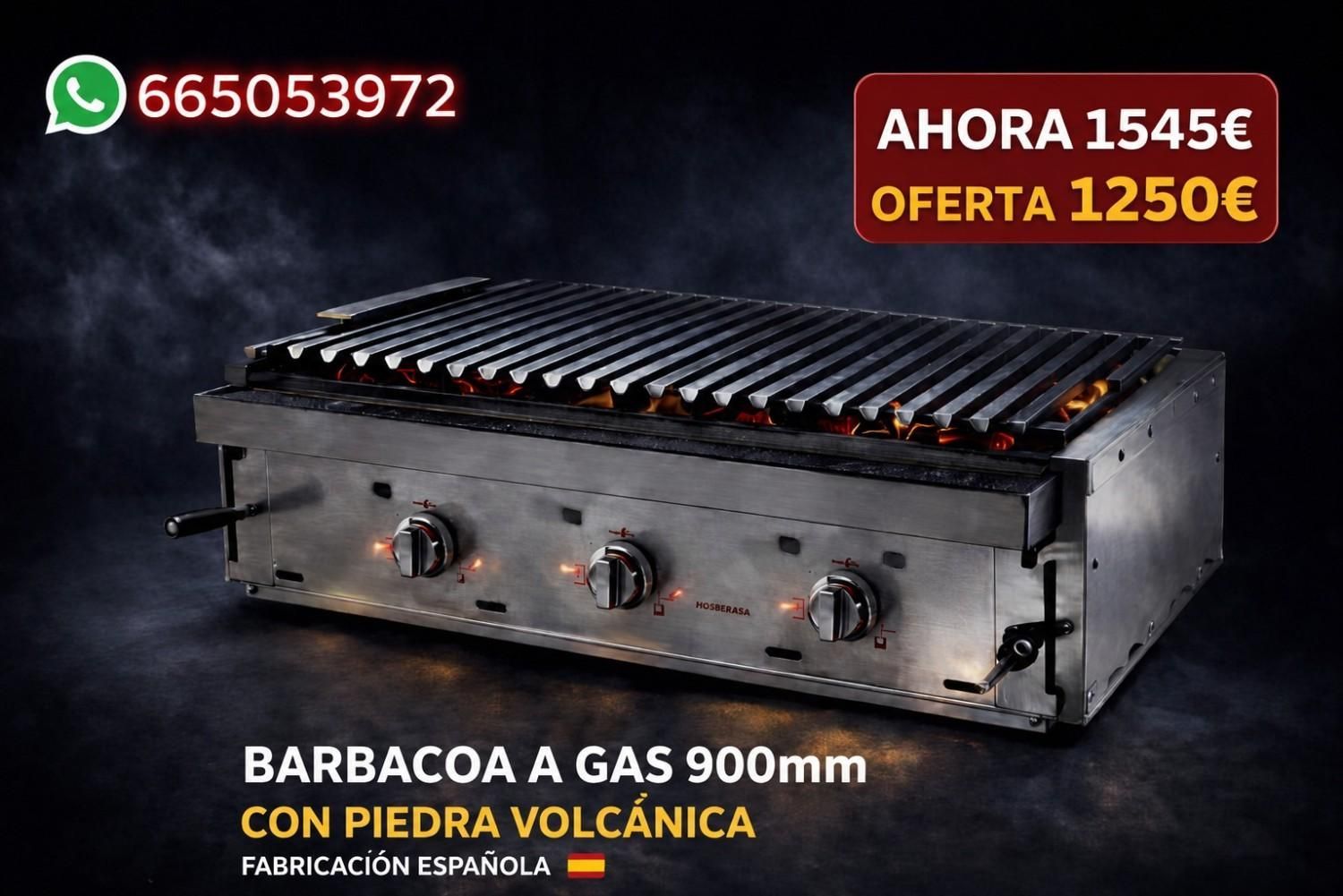 Barbacoa de gas negra de 900 mm con piedra volcánica, precio oferta en fondo oscuro