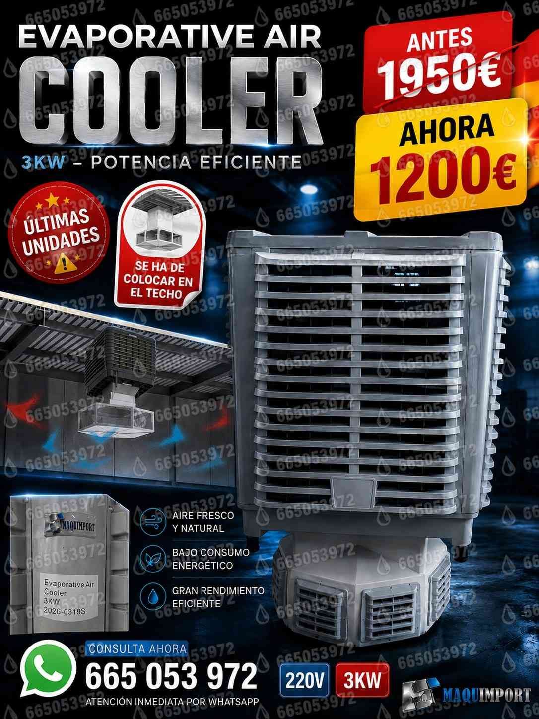 Anuncio de enfriador de aire evaporativo, unidad gris, precio de venta 1200€, antes 1950€