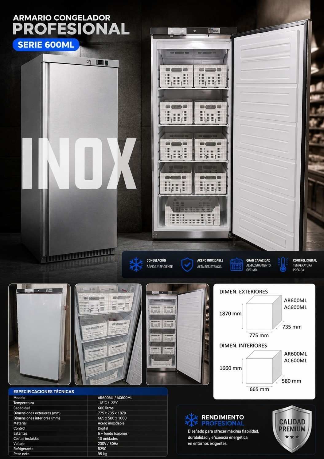 Promo de refrigerador de acero inoxidable con compartimentos abiertos y pantalla de botellas/latas de cerveza.