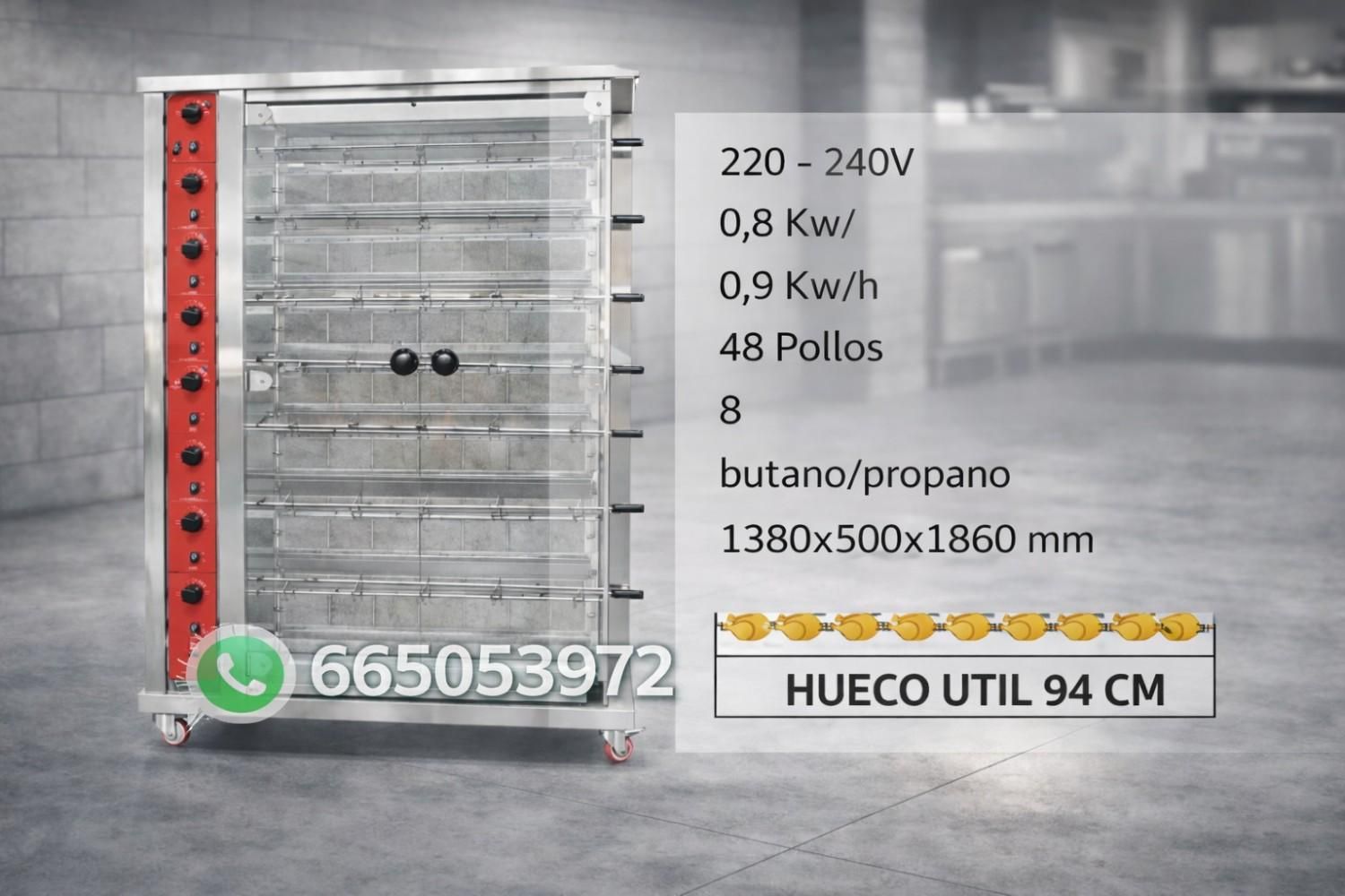 Exhibidor de horno de gas industrial con texto de especificaciones, gabinete gris y panel lateral rojo