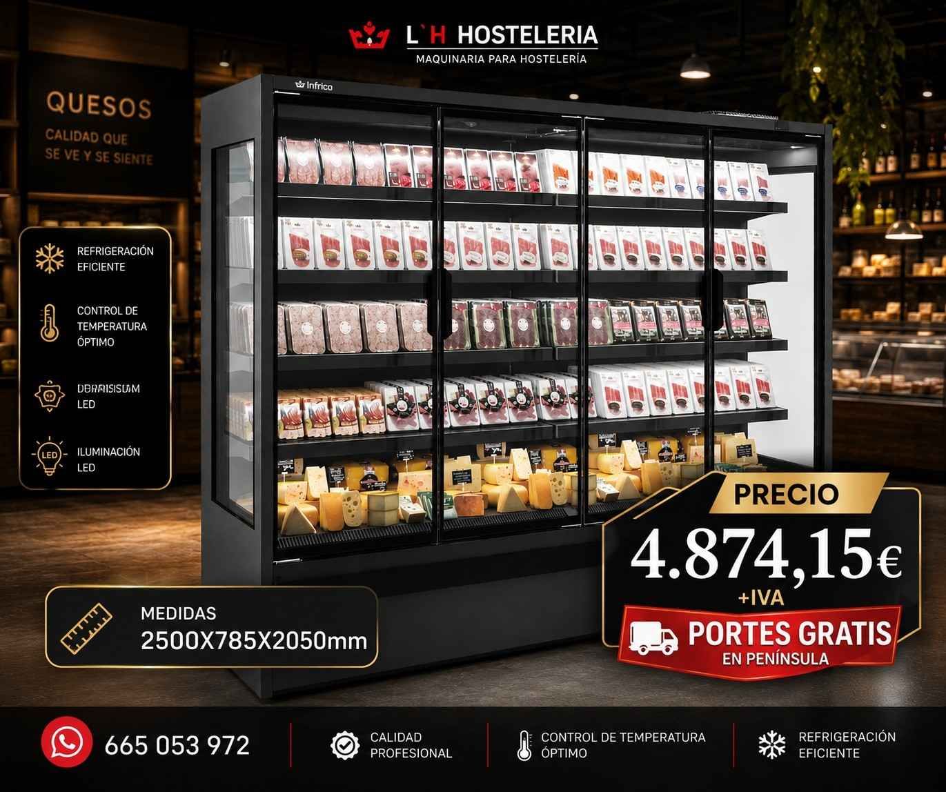 Vitrina refrigerada con embutidos y quesos envasados en un anuncio de charcutería oscuro