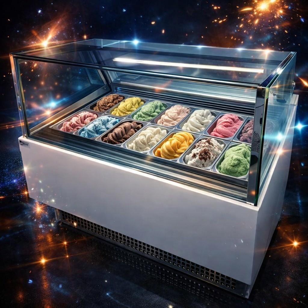Vitrina de cristal para helados con coloridas bolas en el mostrador de una tienda.