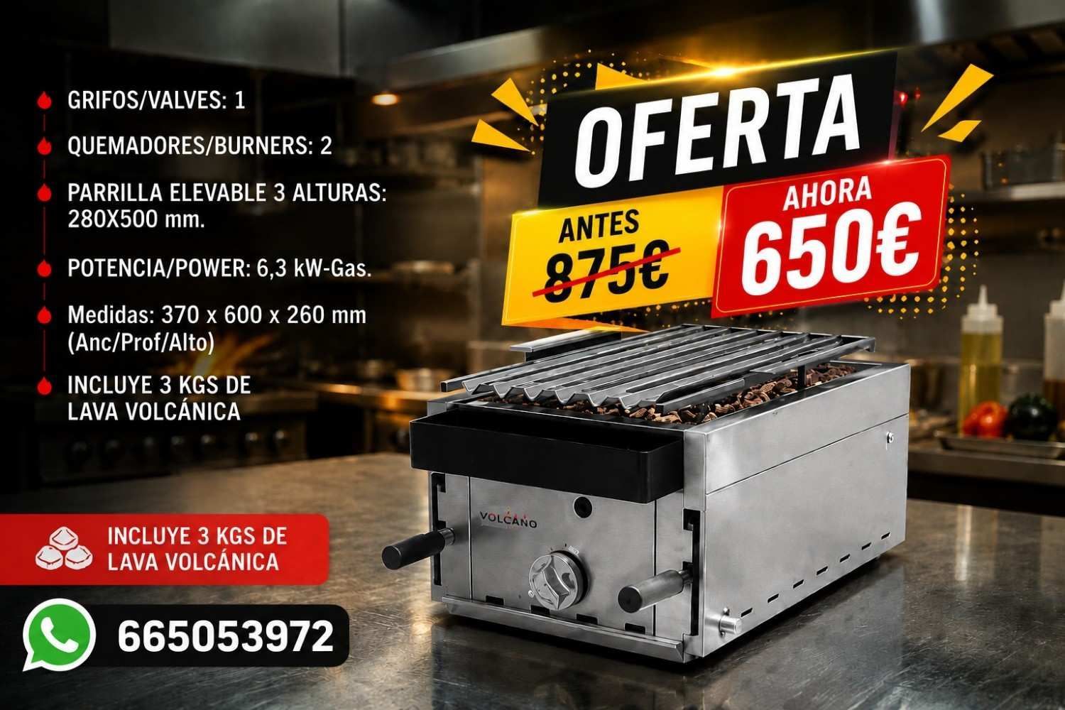 Oferta de parrilla de acero inoxidable con carbón, de 875€ a 650€, y teléfono 665053972.