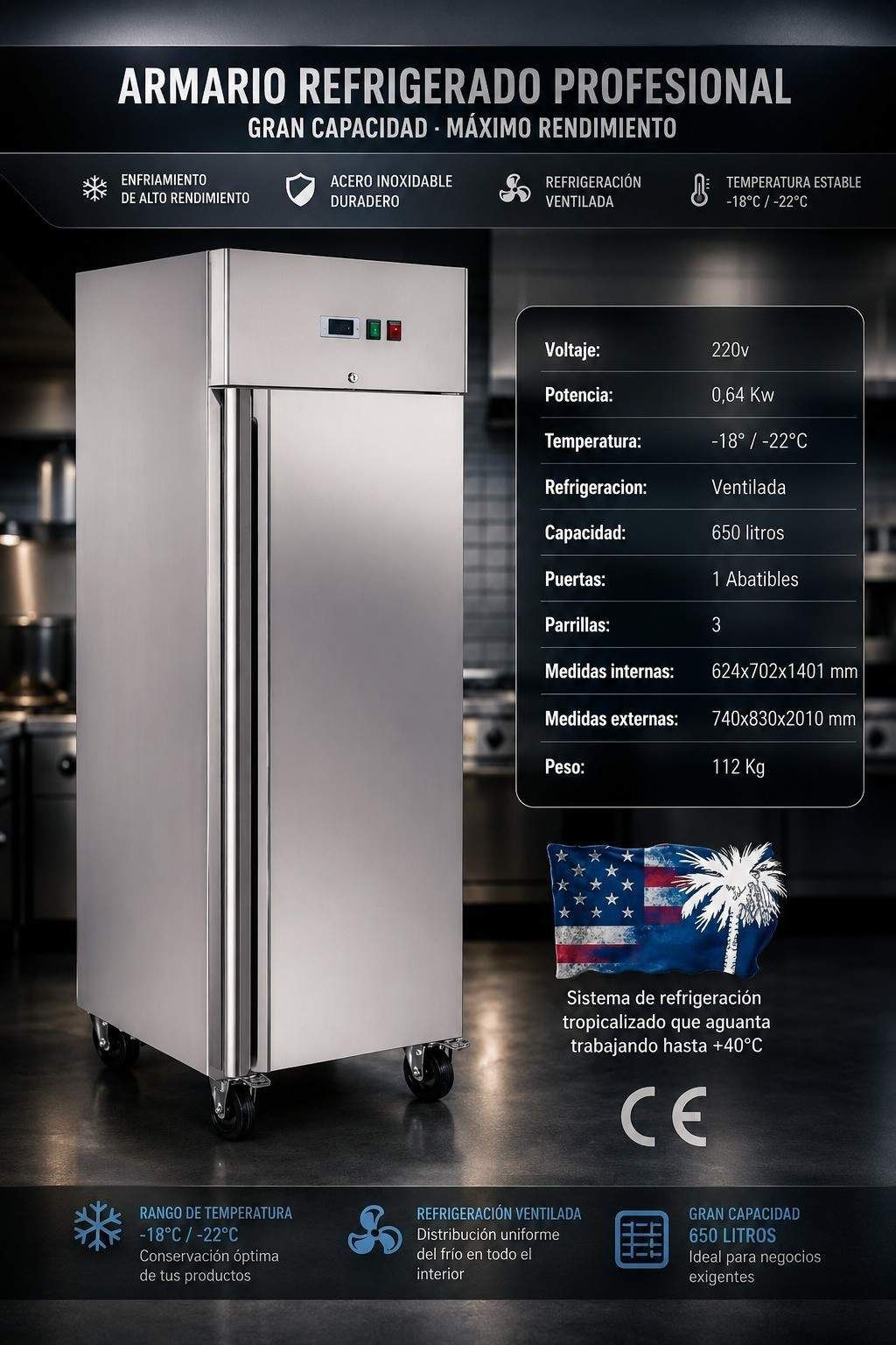 Refrigerador comercial de acero inoxidable con especificaciones sobre un fondo promocional negro.