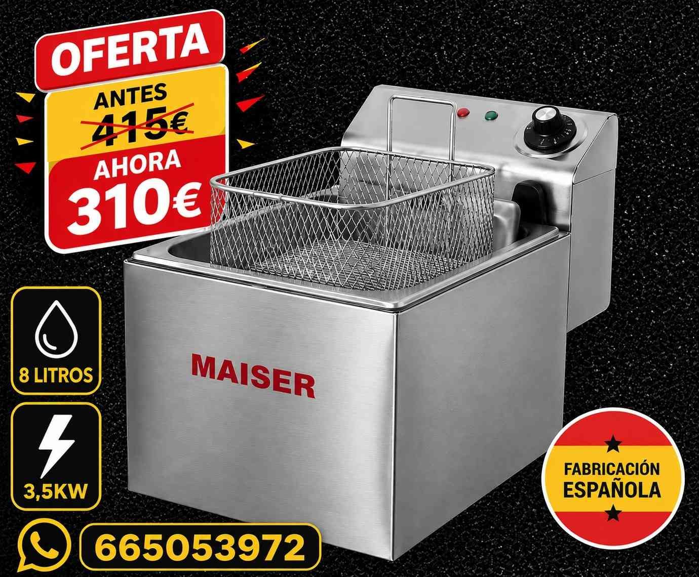 Freidora industrial de acero inoxidable con cesta, 8 litros, 3,5 kW, oferta de 310 €.