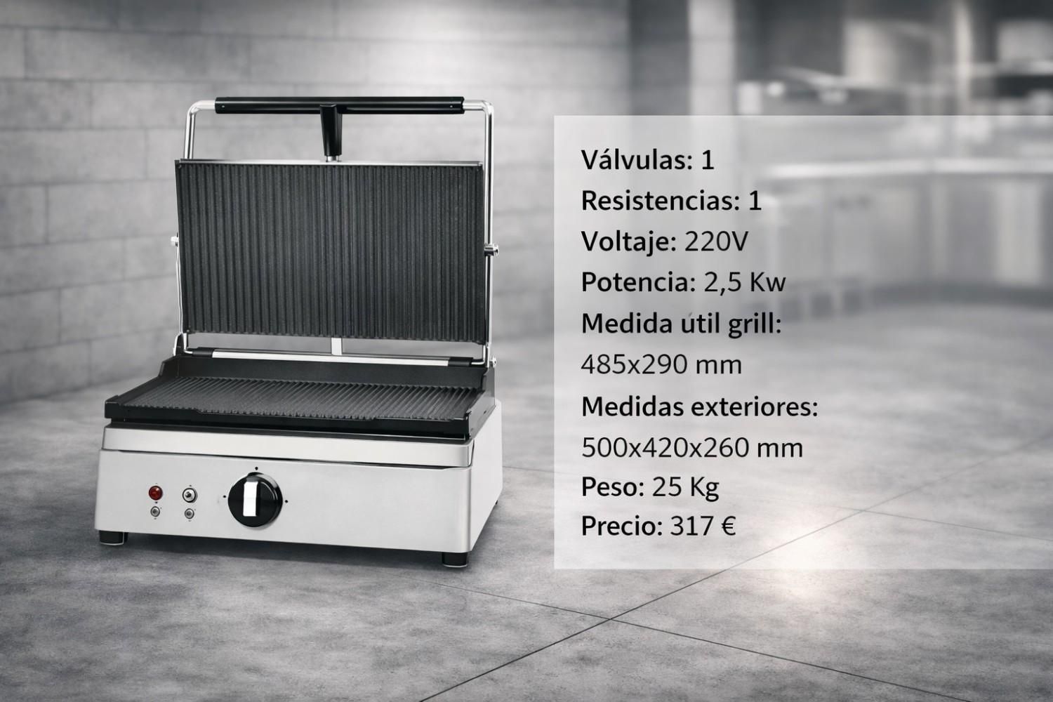 Parrilla eléctrica plateada sobre una encimera con las especificaciones del producto en español indicadas al lado.