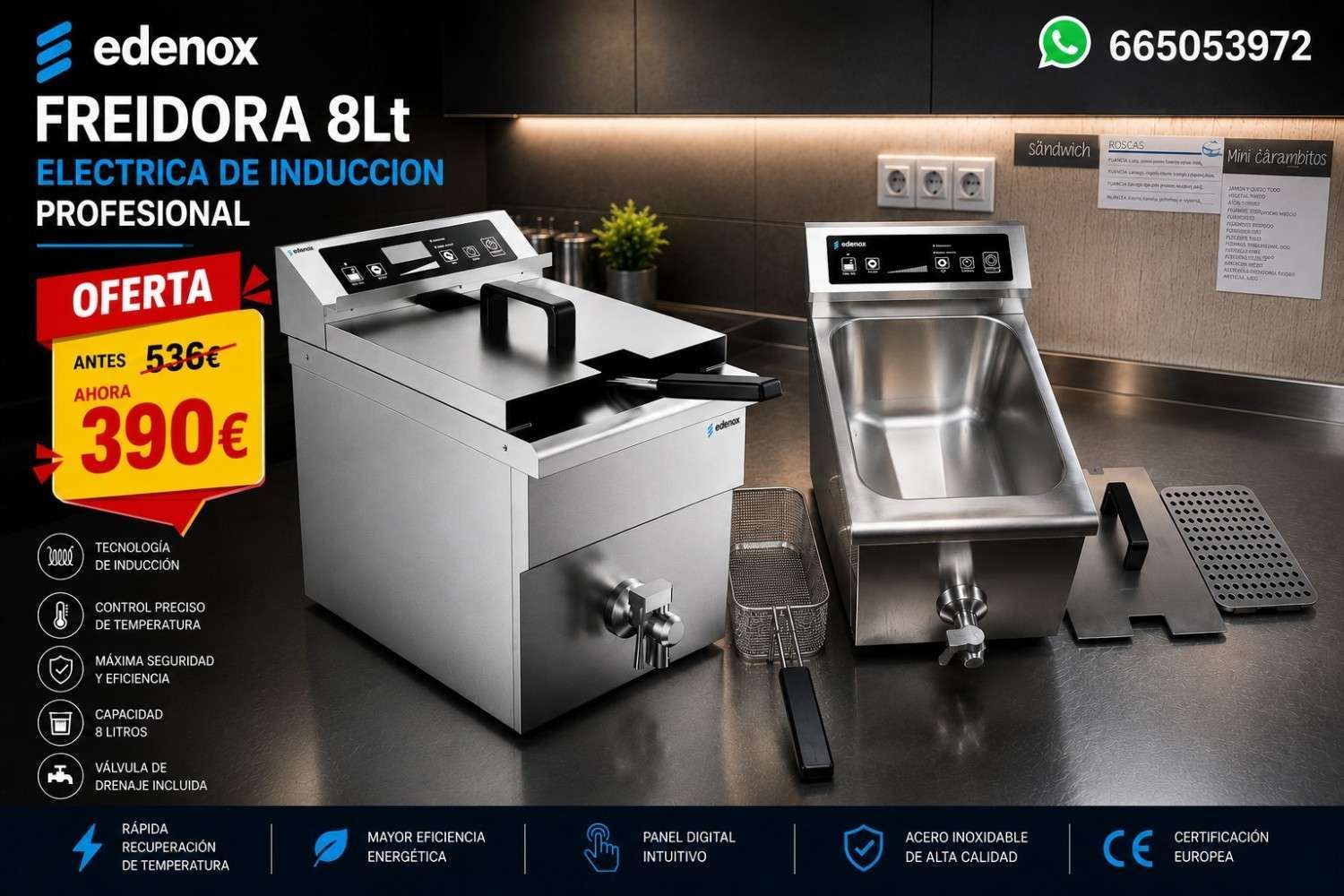 Anuncio promocional de la freidora eléctrica Edenox de 8 litros con oferta de precio