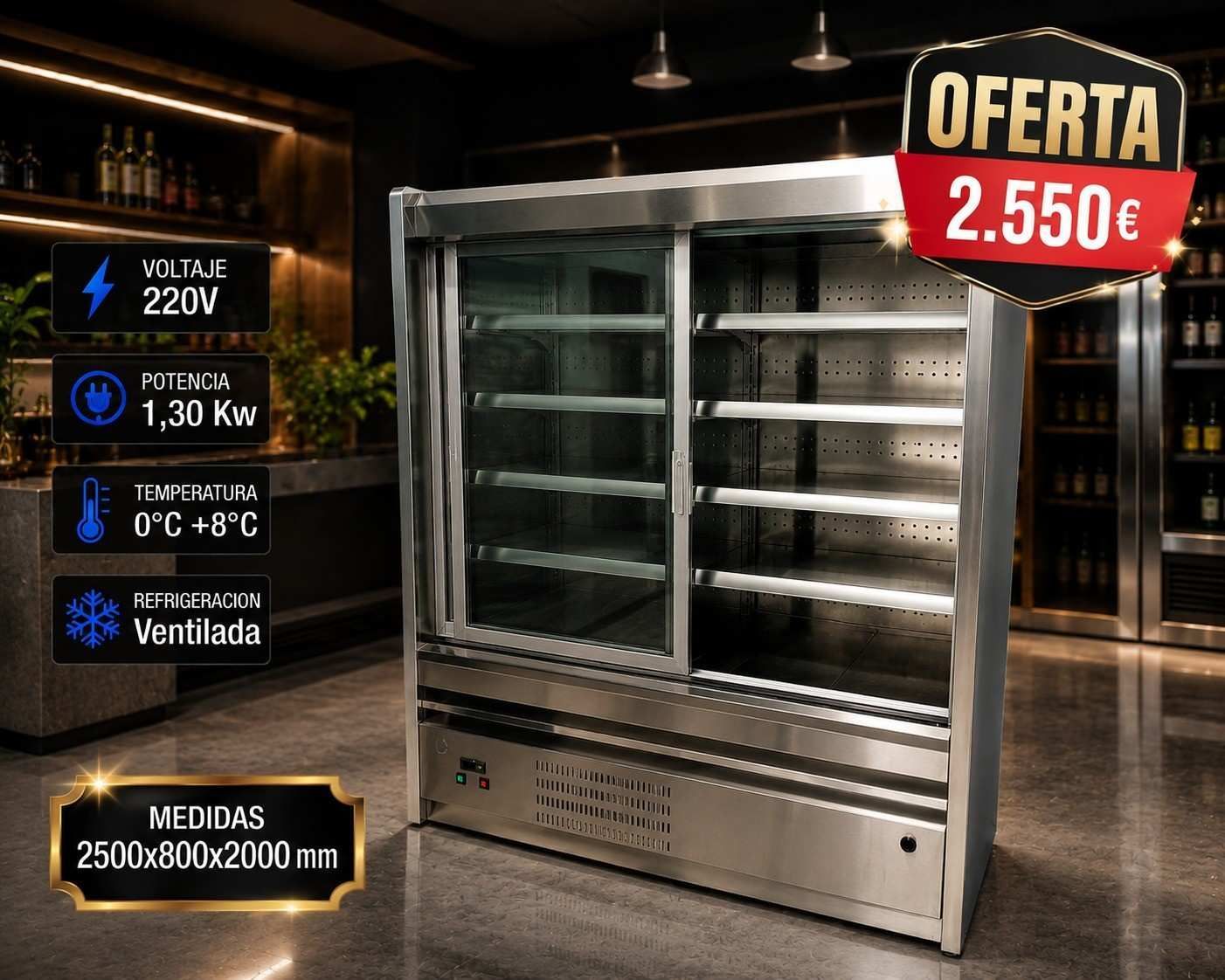 Vitrina refrigerada comercial, puertas de cristal, marco plateado, con cartel de venta “Oferta 2.550€”.