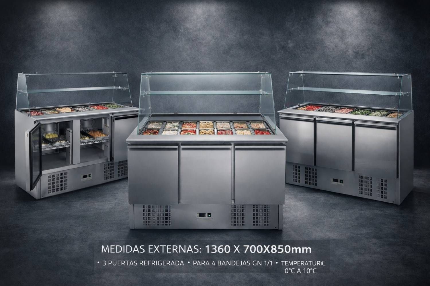 Tres mostradores comerciales de acero inoxidable para exhibición de alimentos sobre un fondo de estudio oscuro.