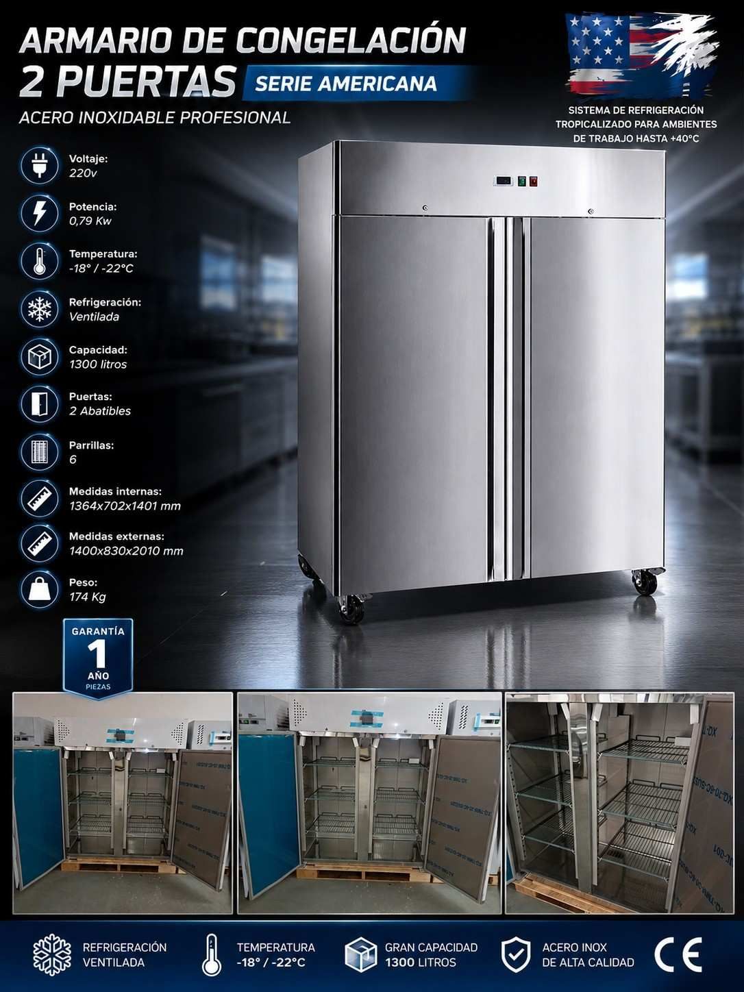 Refrigerador comercial de acero inoxidable de 2 puertas, con varios compartimentos y fondo negro promocional.