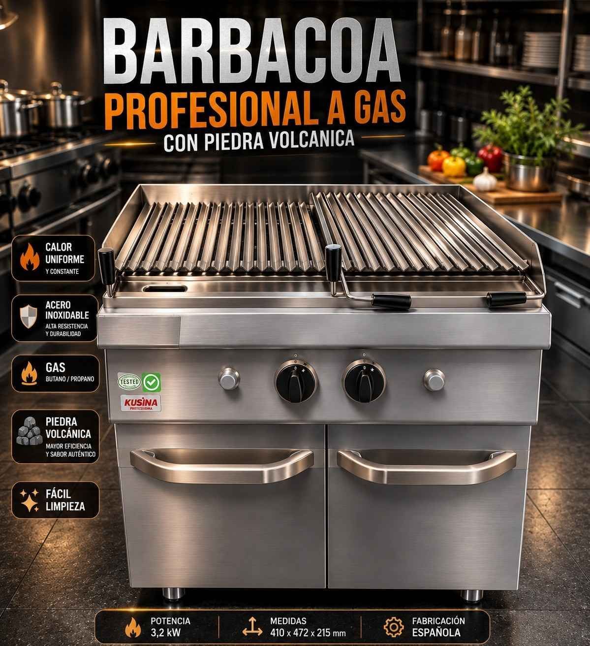 Barbacoa de gas de acero inoxidable con piedra volcánica, expuesta en una sala de exhibición