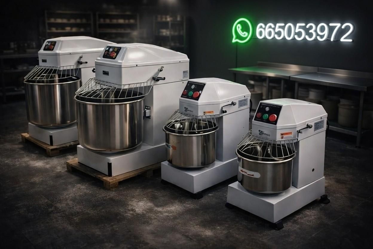 Cuatro mezcladoras industriales en un almacén con poca luz, con un número de contacto de WhatsApp mostrado en verde.