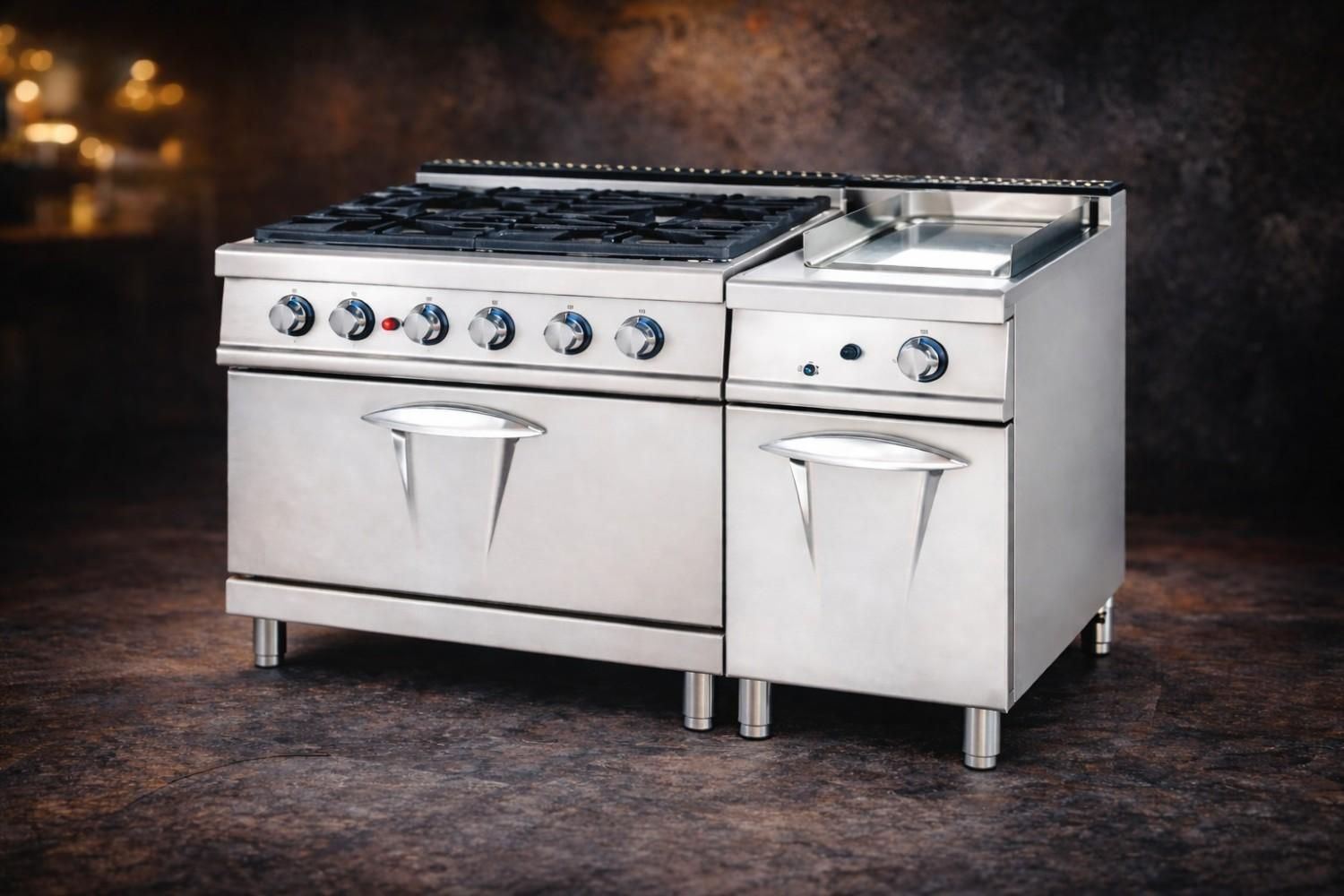 Cocina de gas comercial de acero inoxidable con seis quemadores y dos puertas de horno sobre un fondo oscuro.