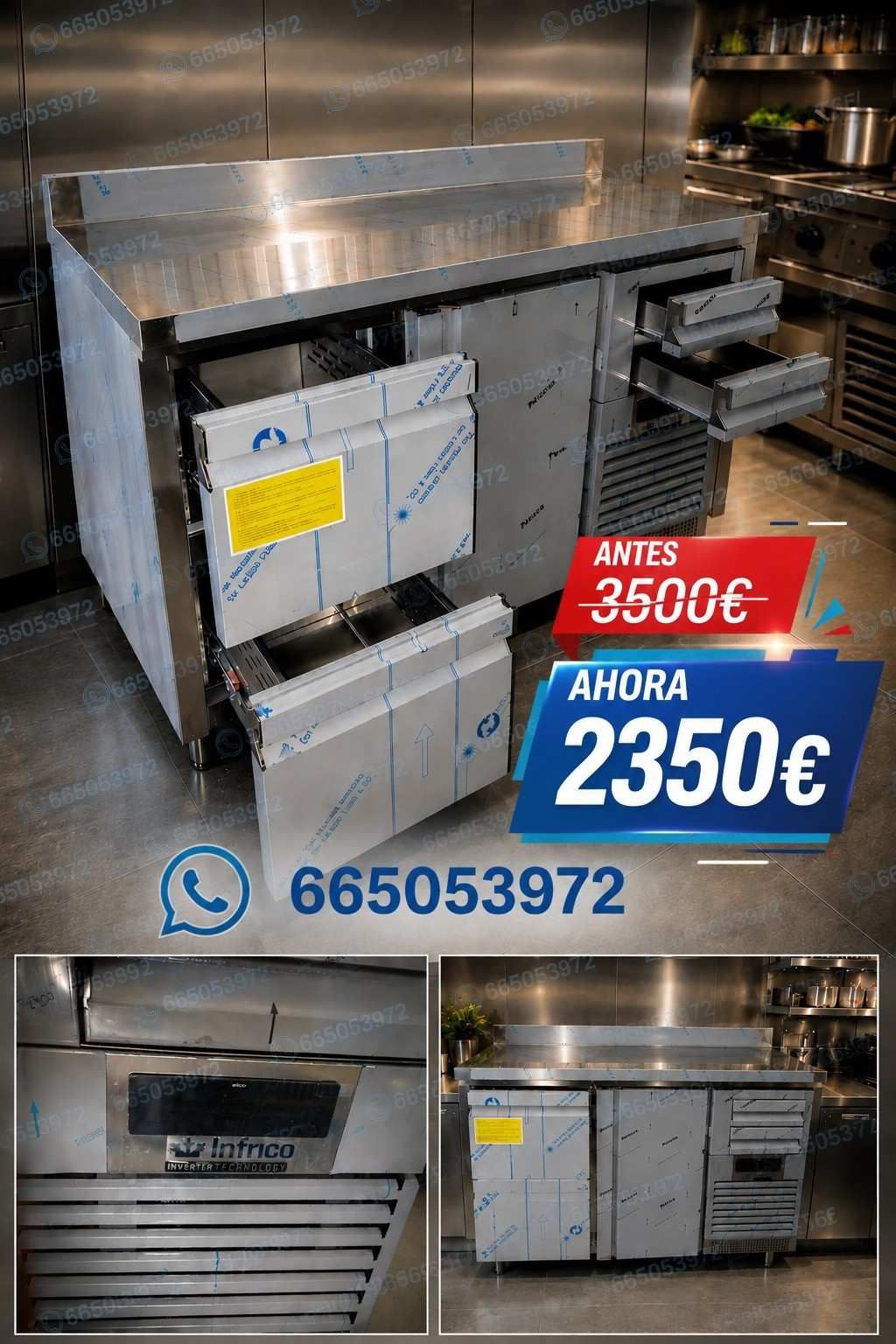 Lavavajillas industrial de acero inoxidable con etiquetas de precio, mostrado desde varios ángulos y un número de teléfono.