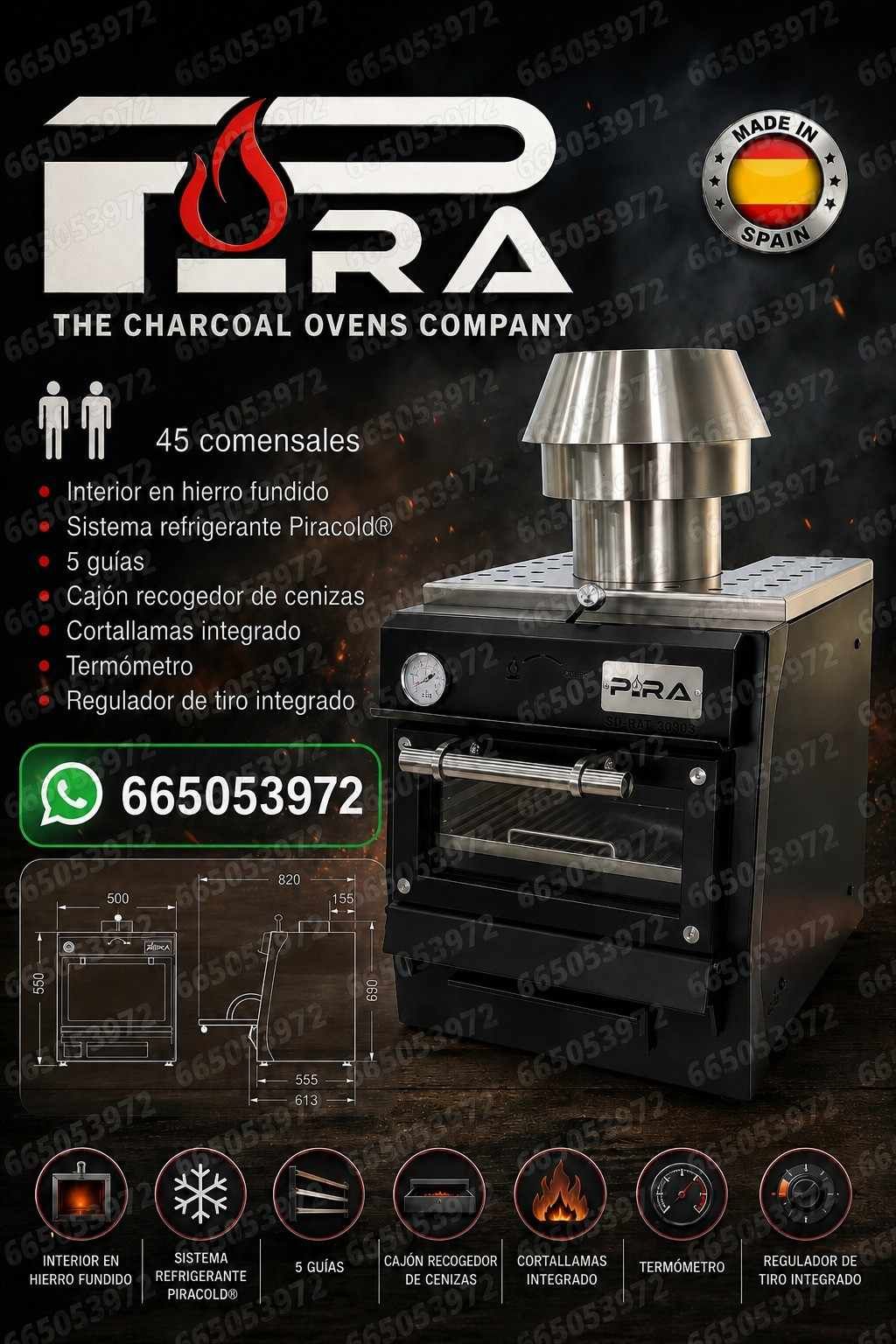 Anuncio de la empresa de parrillas de carbón TORA con parrilla de metal negro, logotipo