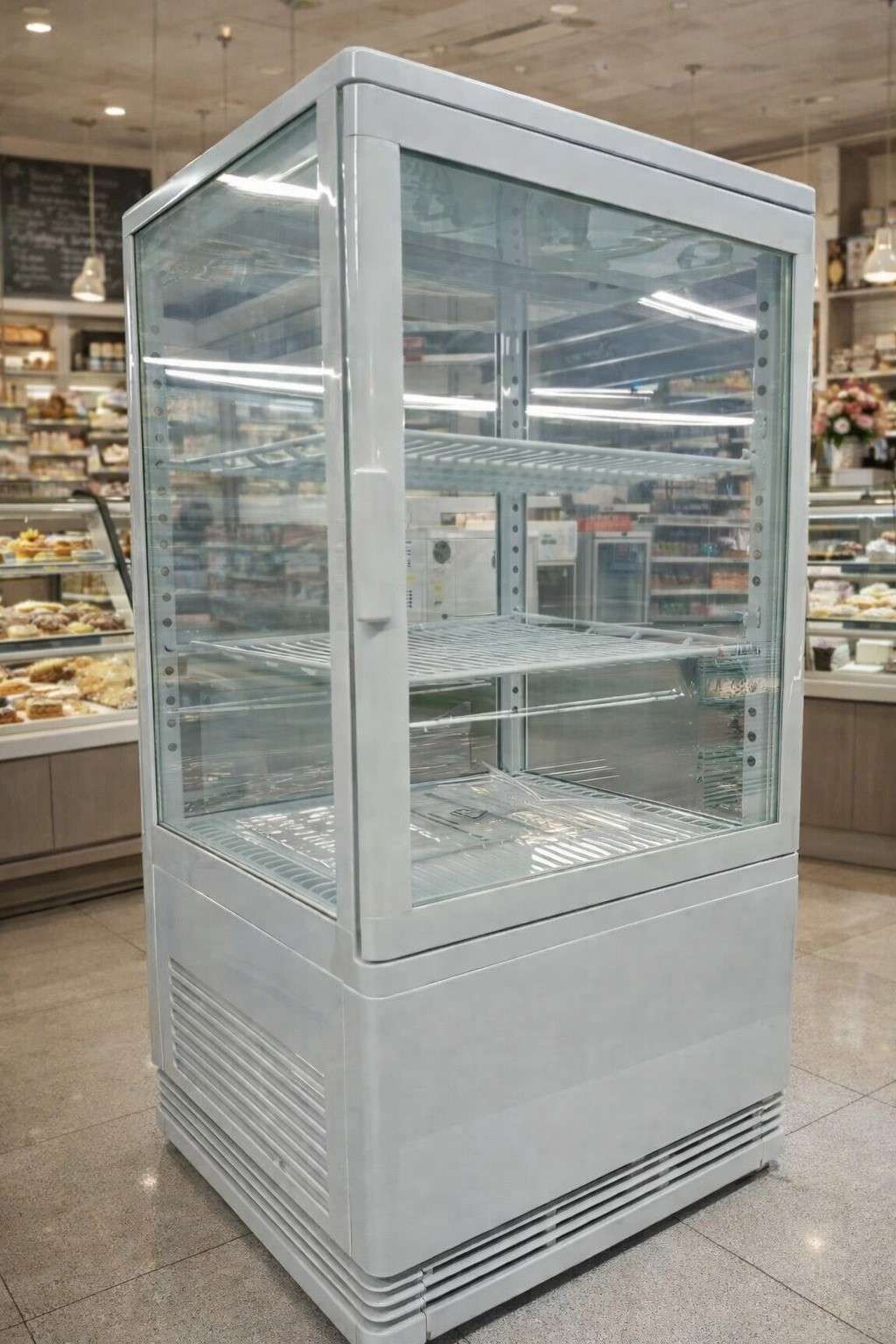 Vitrina refrigerada blanca en el interior de una tienda, con puertas de cristal y estantes vacíos.