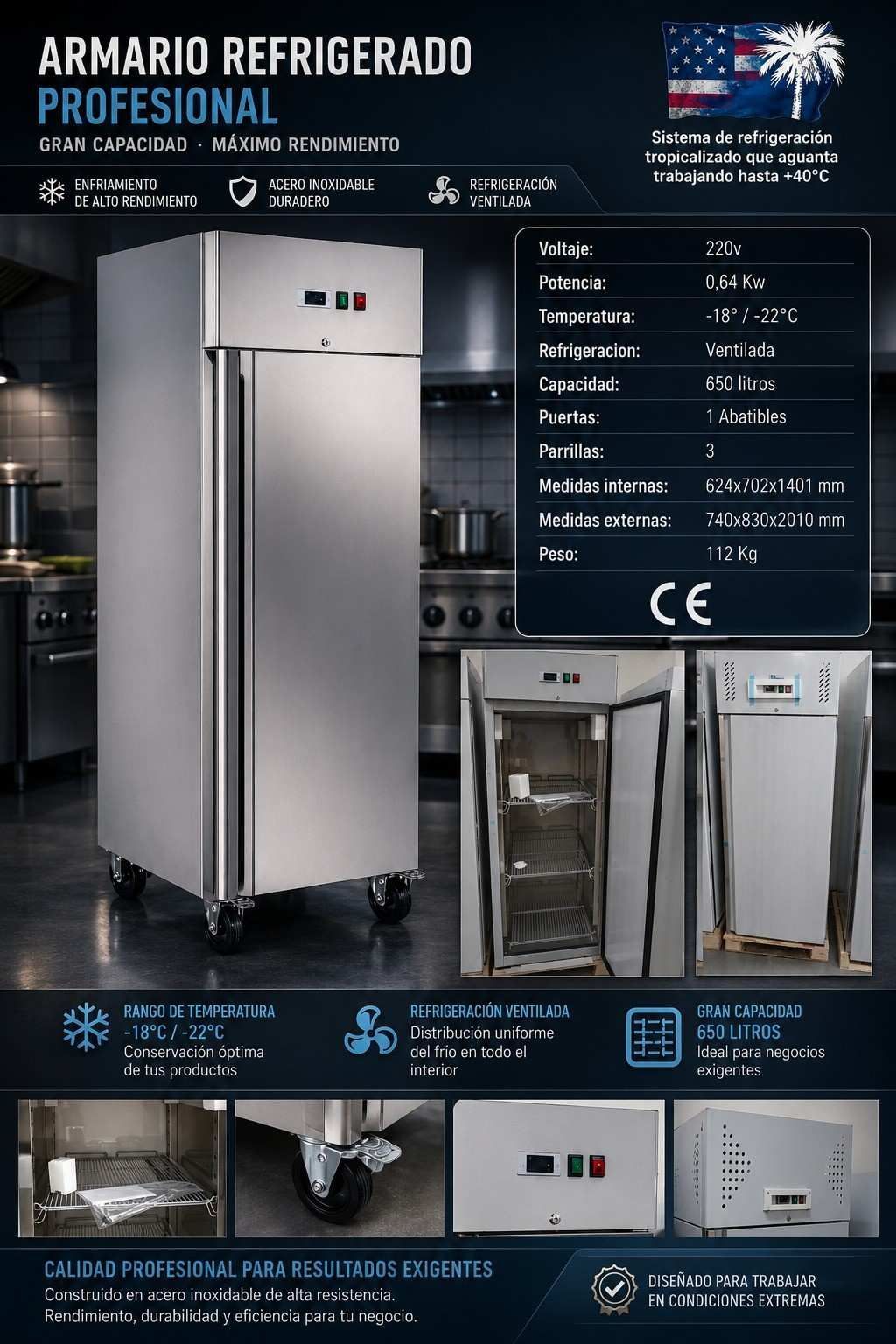 Anuncio de vitrina refrigerada profesional, que muestra un frigorífico vertical de acero inoxidable