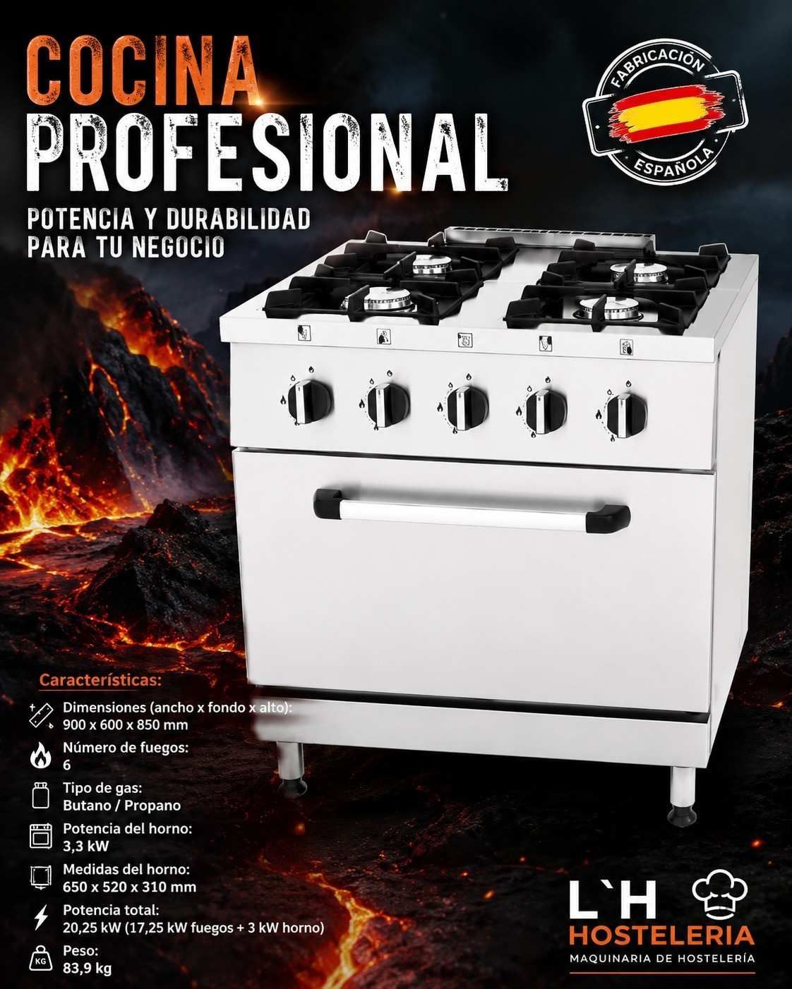 Publicidad de cocina profesional blanca de cuatro quemadores sobre fondo negro con llamas y logo LH Hostelería