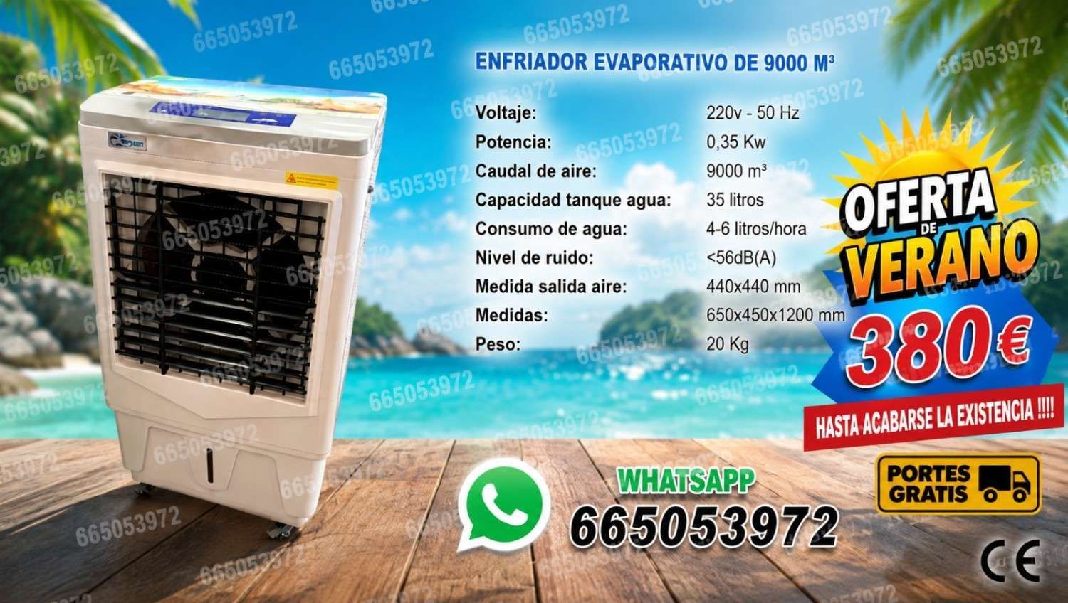 Aire portátil blanco en oferta, con precio de 380€, fondo de playa y teléfono de contacto.