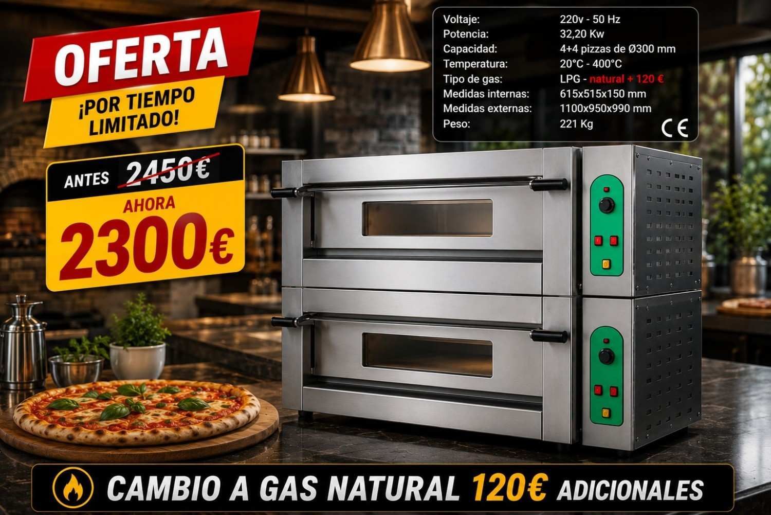 Promo de horno industrial de acero inoxidable con oferta y precio de 2300 € sobre fondo negro y naranja