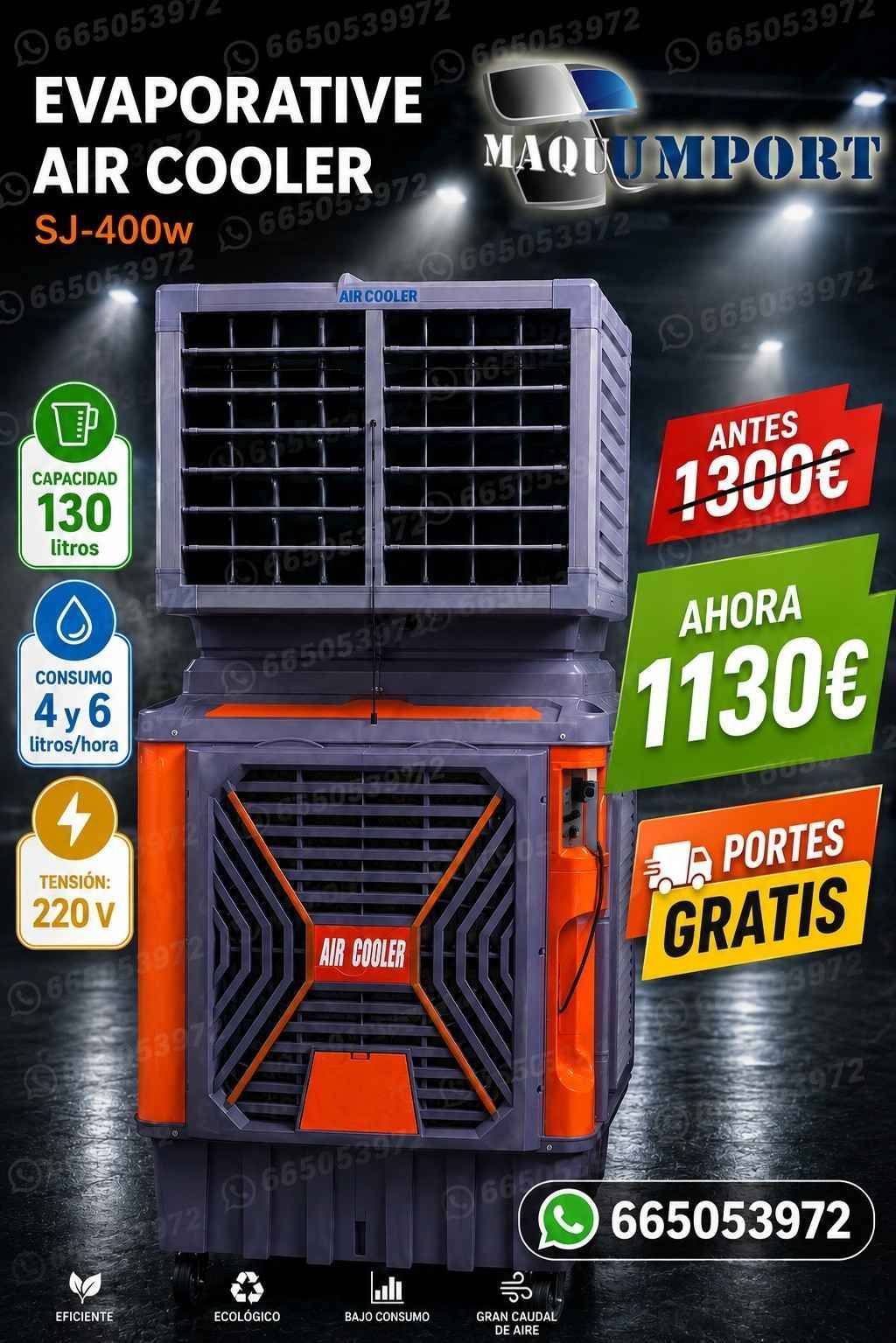Cartel promocional de un enfriador de aire evaporativo negro y naranja, con precios y texto de envío gratuito.