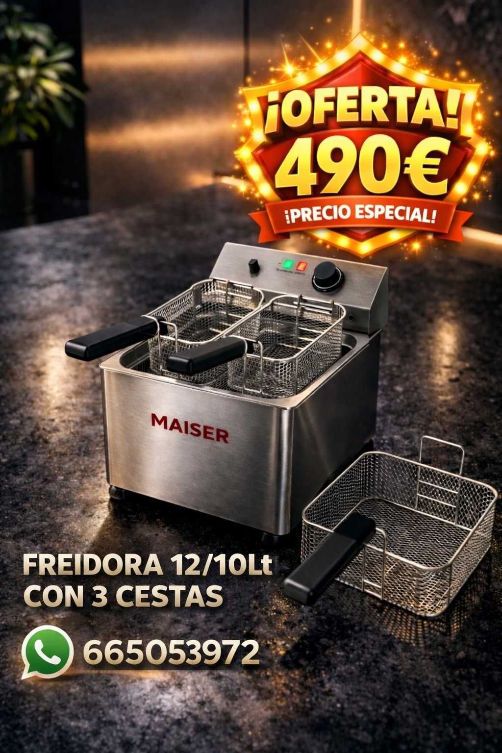 Oferta de freidora de aire 12/10L por $490 en caja, con texto promocional y WhatsApp.
