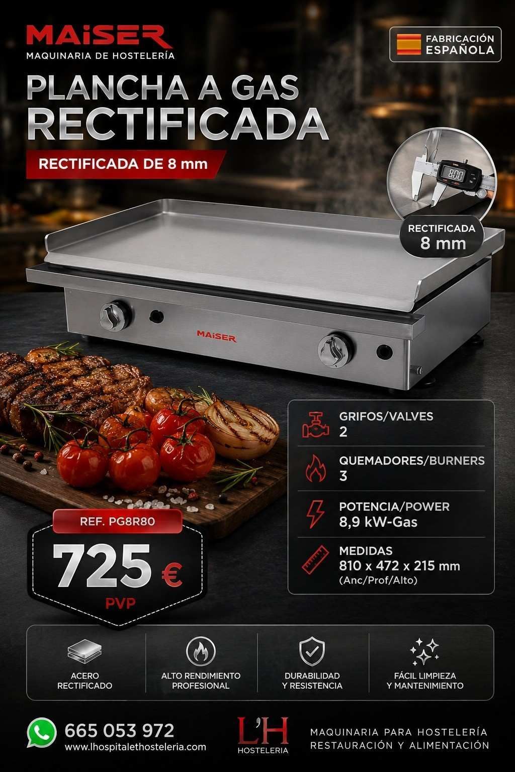 Promoción de plancha de gas Maiser: placa de acero inoxidable de 8 mm, fondo negro, comida y precio 725€