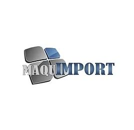 Logotipo de MAQUIMPORT con formas geométricas en gris metalizado y azul.