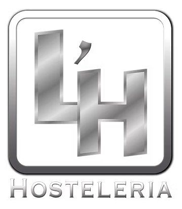Logotipo de Hosteleria en plata metalizada con una H y una L estilizadas dentro de un cuadrado redondeado.