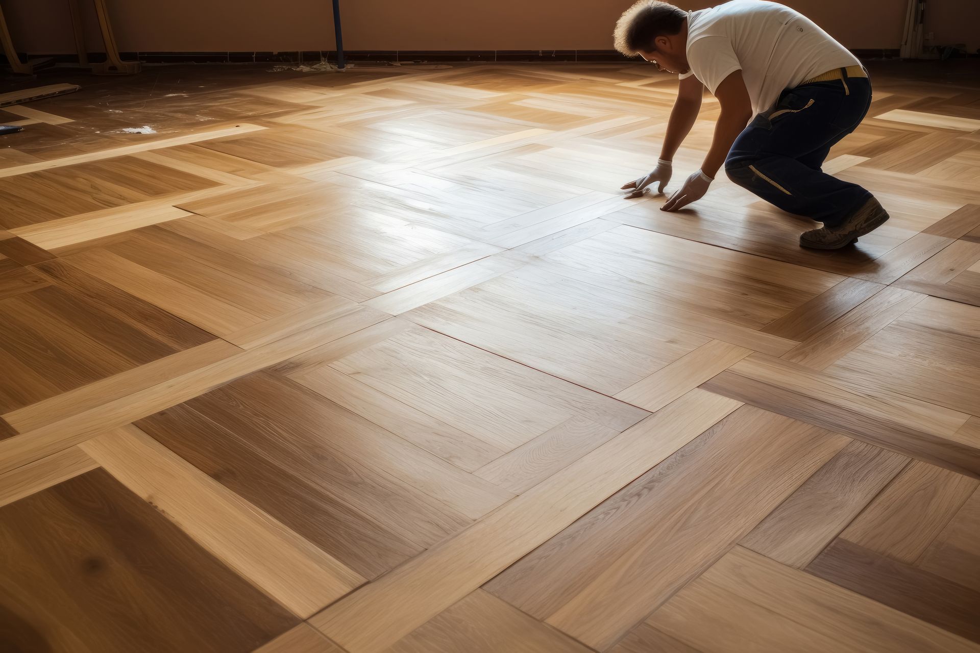 Paquetteur posant un parquet massif