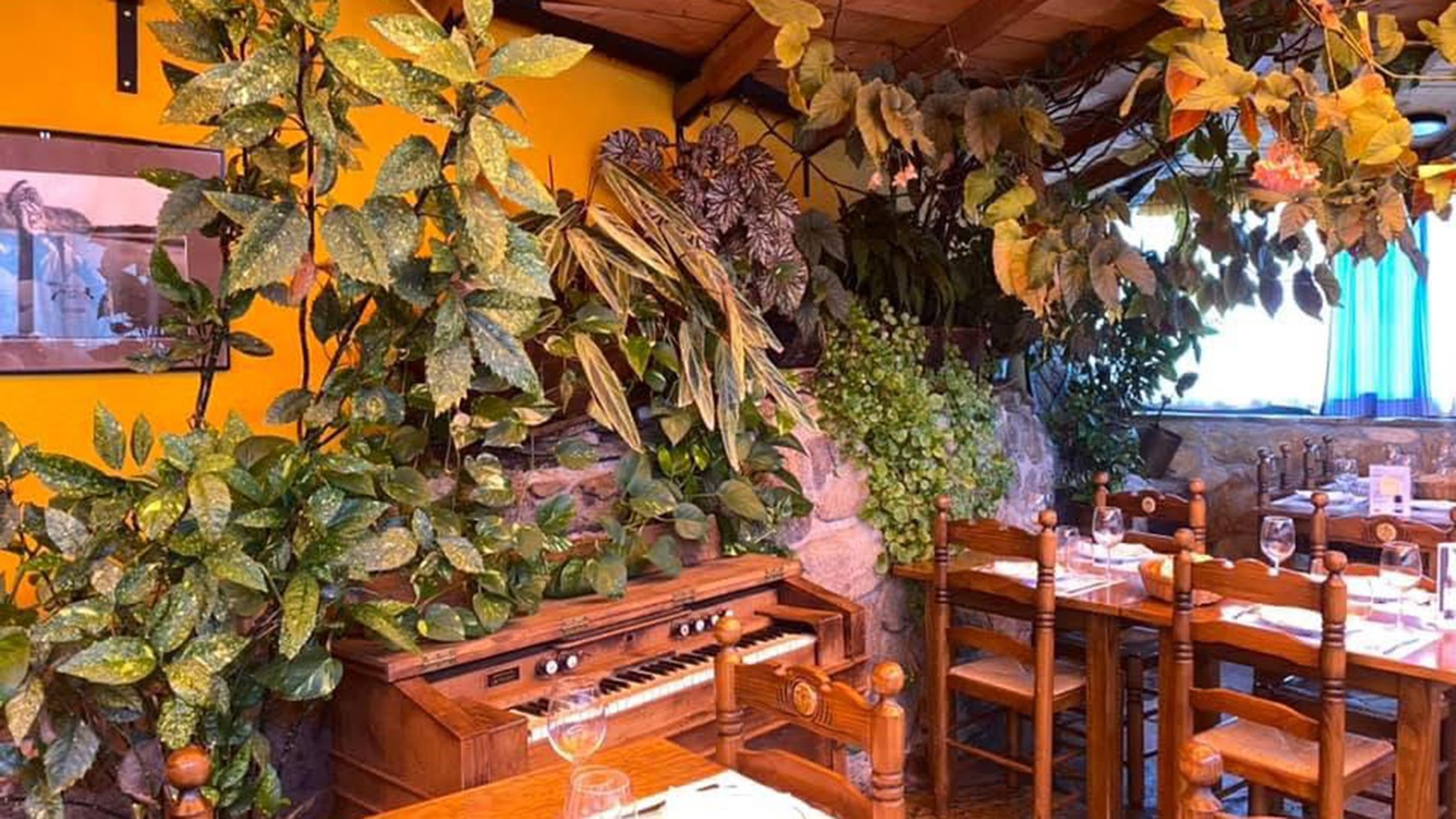 Un restaurante con mesas y sillas y un piano en el centro de la sala.
