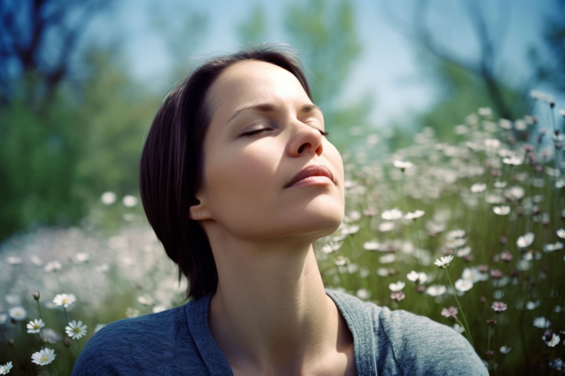 Femme dans un champ de fleurs blanches