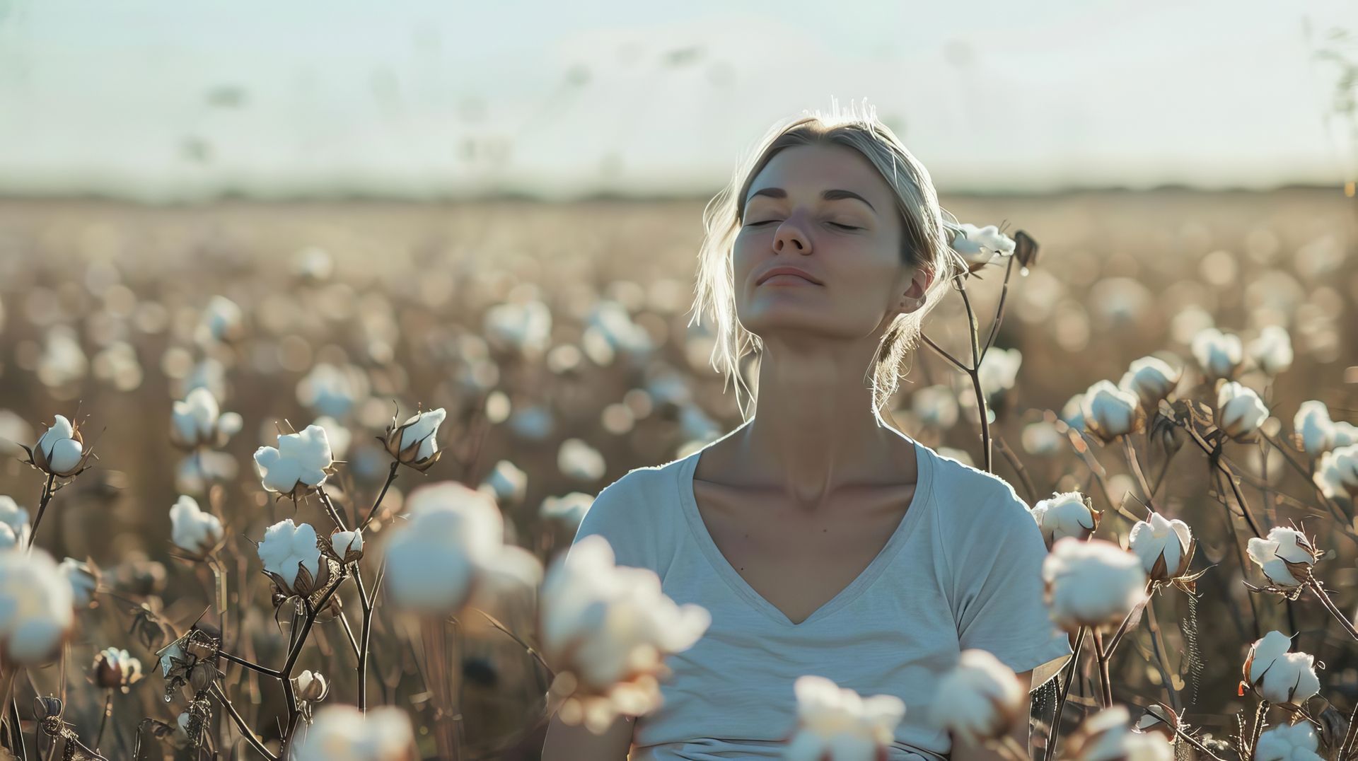 Femme blonde dans un champ de fleurs