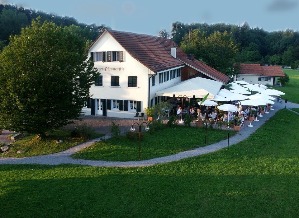 Luftaufnahme eines grossen weissen Gebäudees mit Sonnenschirmen davor. Foto von der Restaurant Pfannenstiel AG.