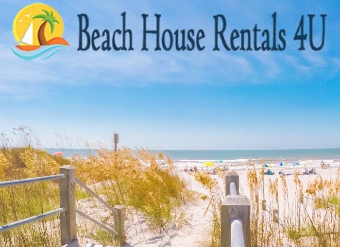 A sign for beach house rentals 4u shows a path leading to the beach