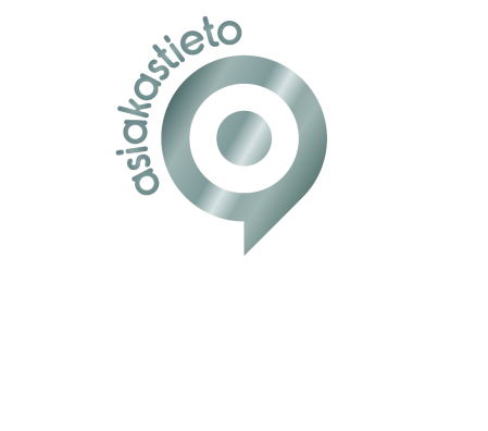 Harmaa pyöreä karttamerkkilogo, jonka ympärillä on kaareva kuva sanasta ”asiakasieto”