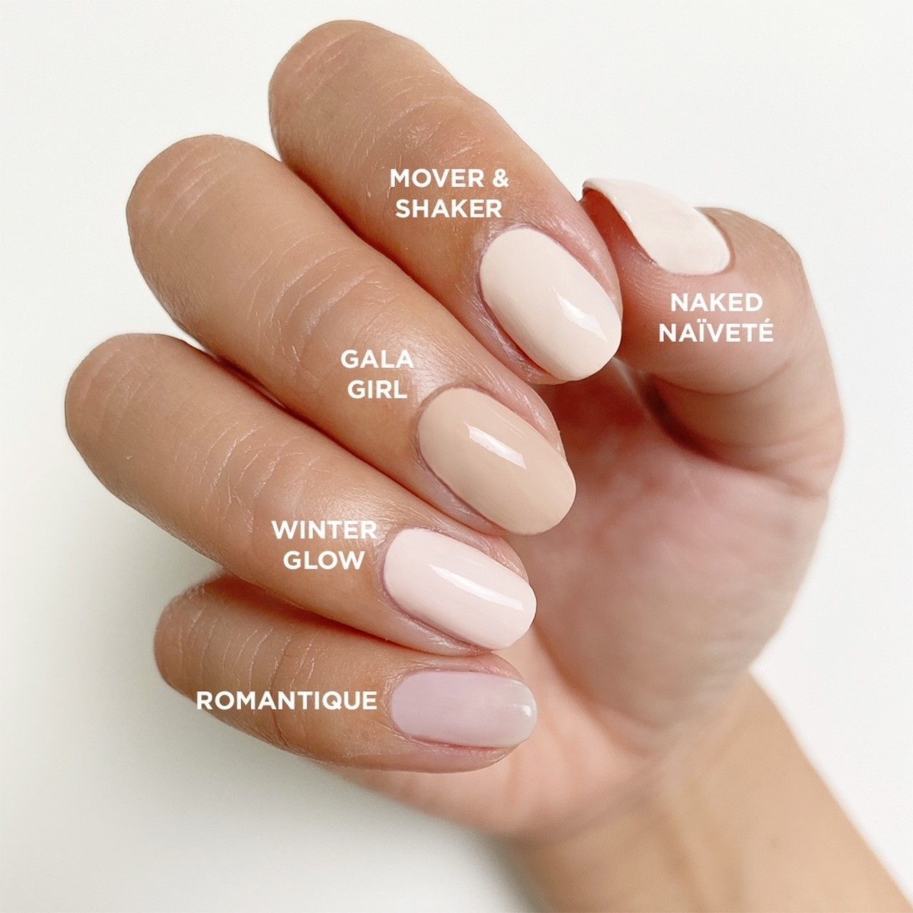 Hand mit lackierten Nägeln, alle fünf in anderen Nude Tönen