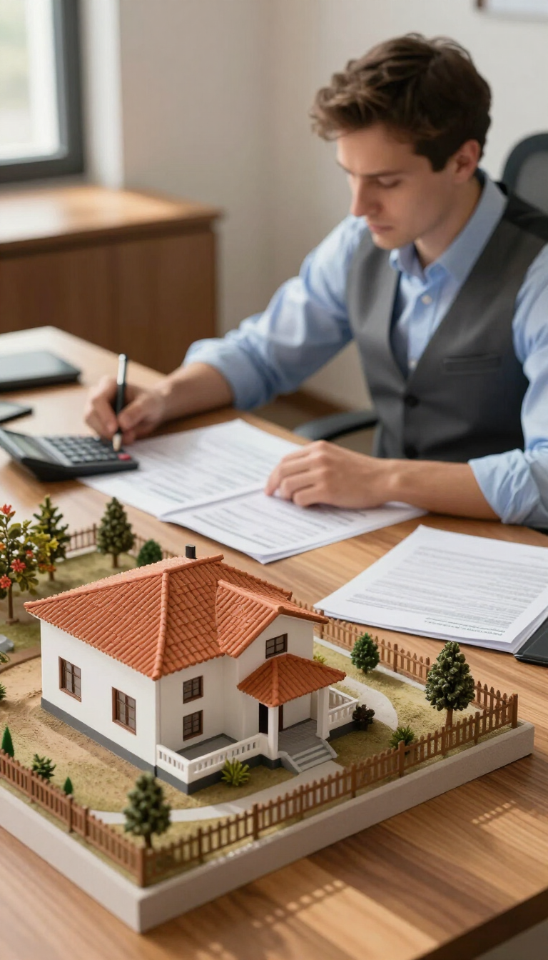 Un hombre revisa planos de una casa junto a una maqueta detallada sobre un escritorio.