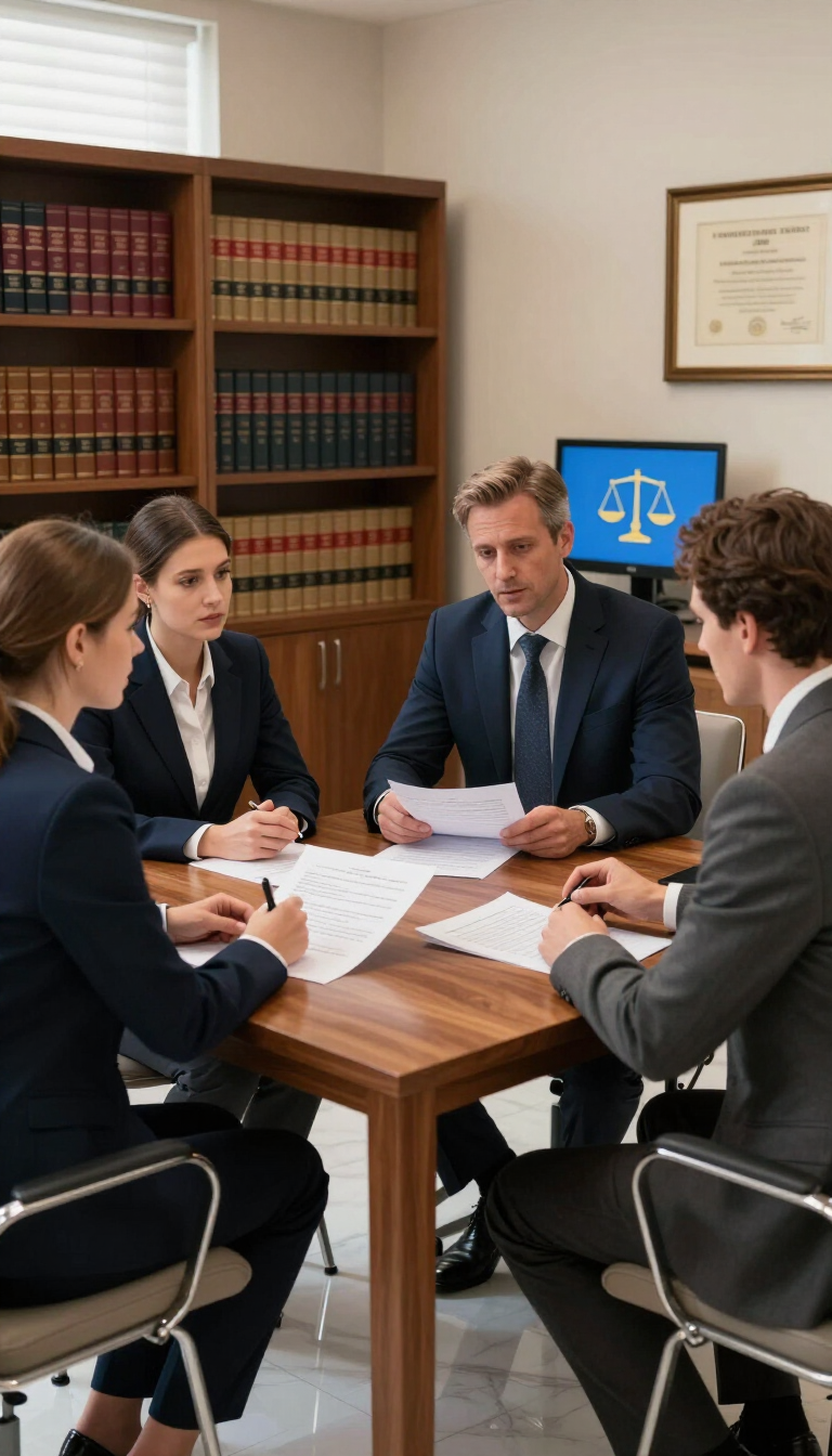 Reunión de negocios en un bufete de abogados; cuatro profesionales sentados alrededor de una mesa con documentos y un símbolo de justicia en la pantalla.