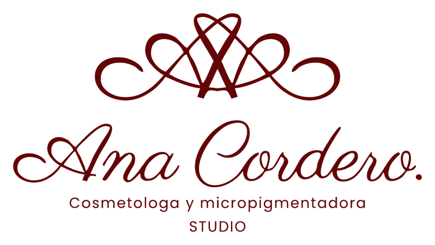 Maroon logo reading “Ana Cordero” with decorative flourish and “Cosmetología y micropigmentadora STUDIO” underneath