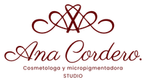 Maroon logo reading “Ana Cordero” with decorative flourish and “Cosmetología y micropigmentadora STUDIO” underneath