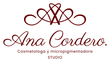Maroon logo reading “Ana Cordero” with decorative flourish and “Cosmetología y micropigmentadora STUDIO” underneath